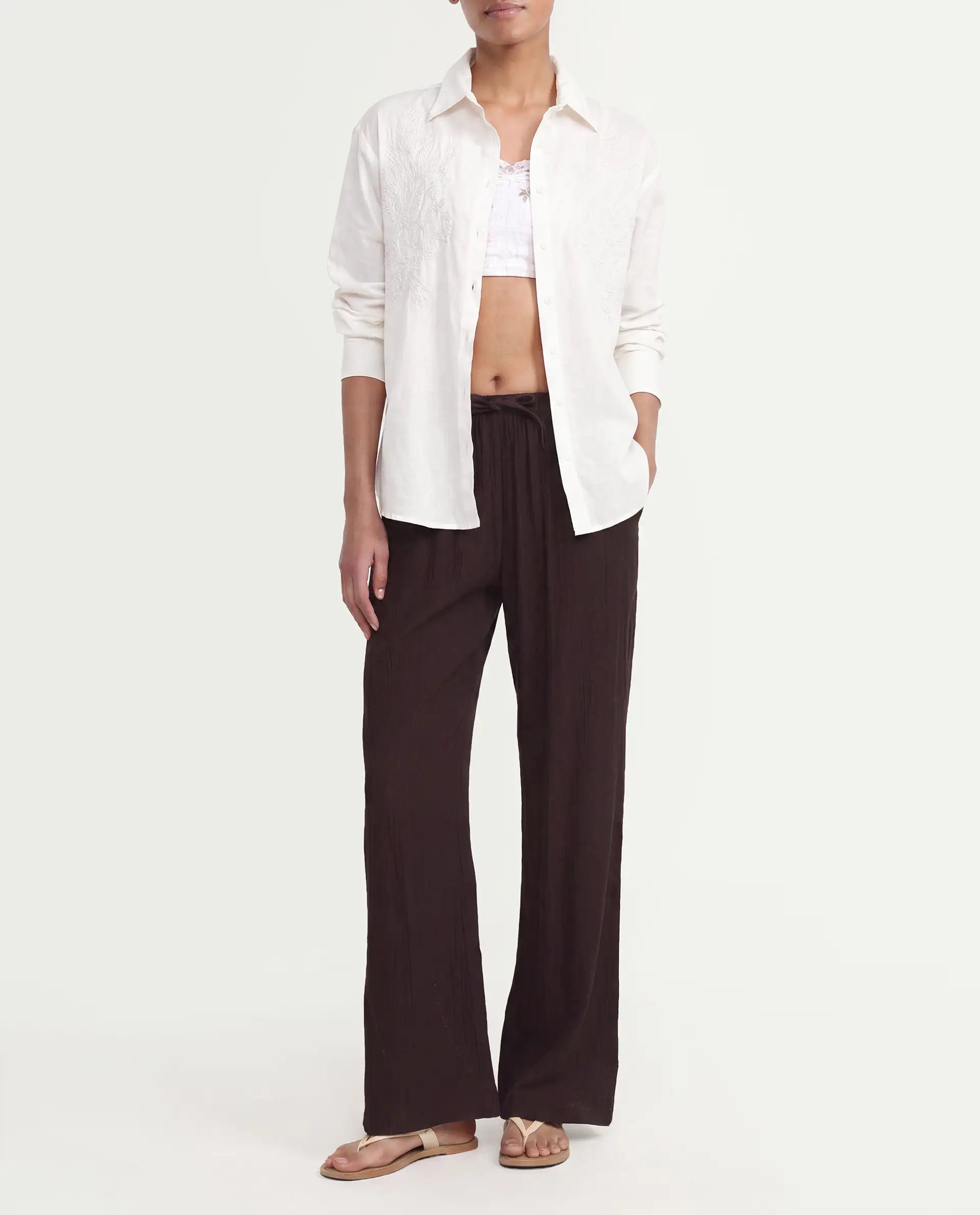 Rareism Women's Duniq Dark Brown Plain Viscose Blend Straight Regular Length Trouser