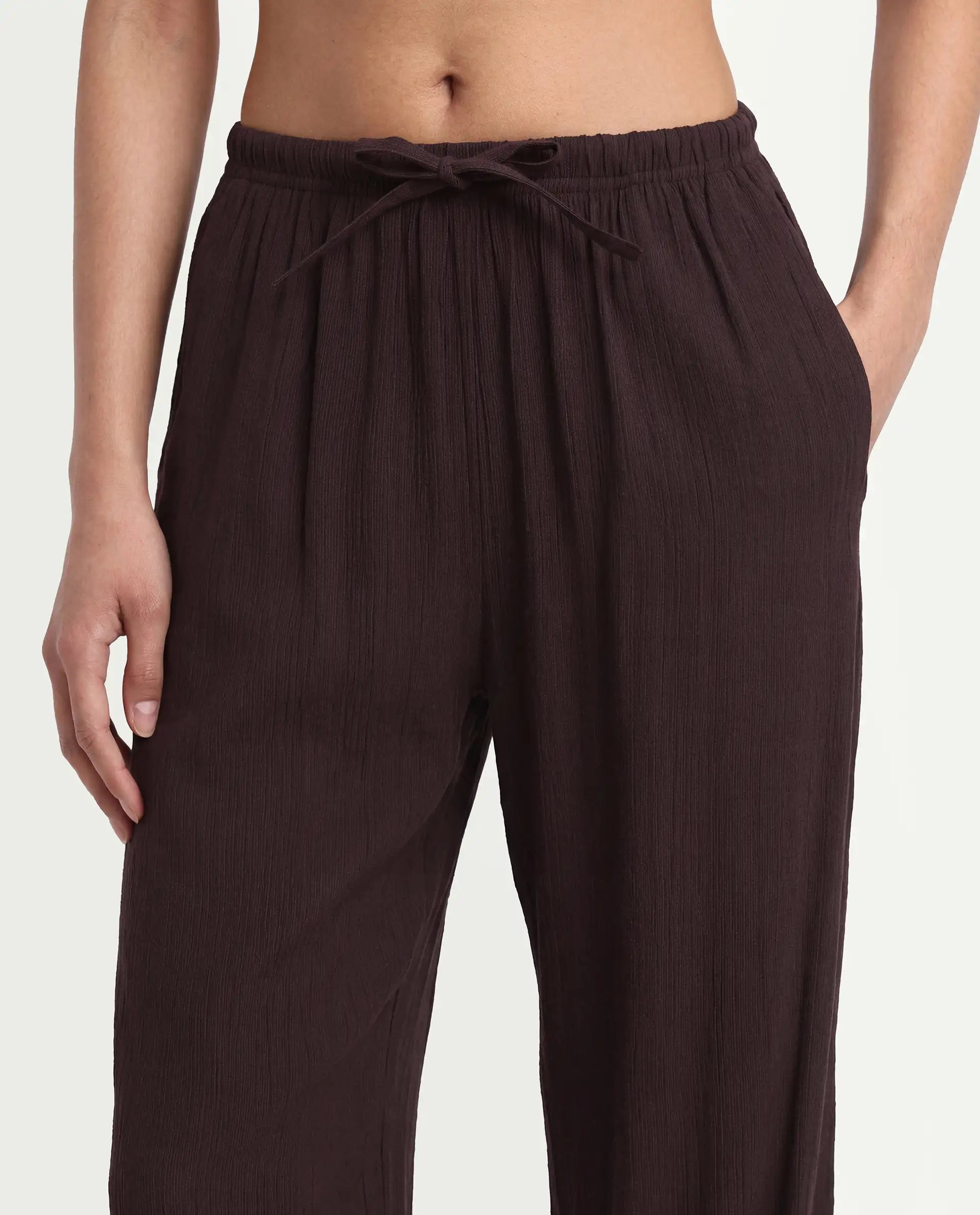 Rareism Women's Duniq Dark Brown Plain Viscose Blend Straight Regular Length Trouser