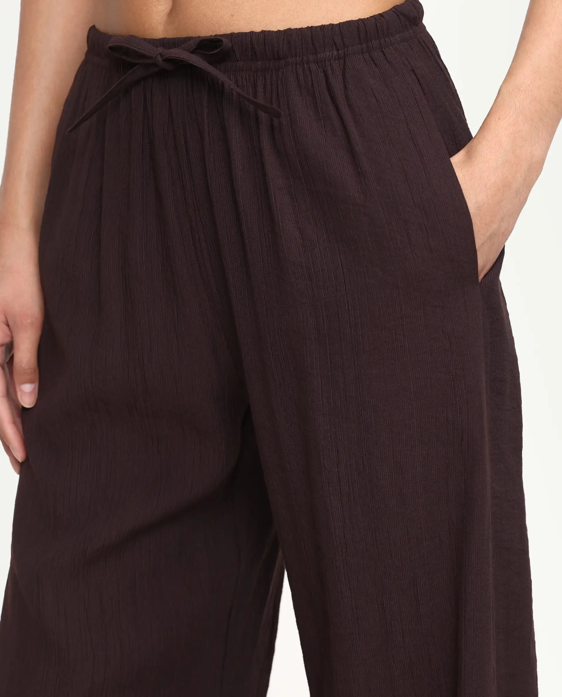 Rareism Women's Duniq Dark Brown Plain Viscose Blend Straight Regular Length Trouser