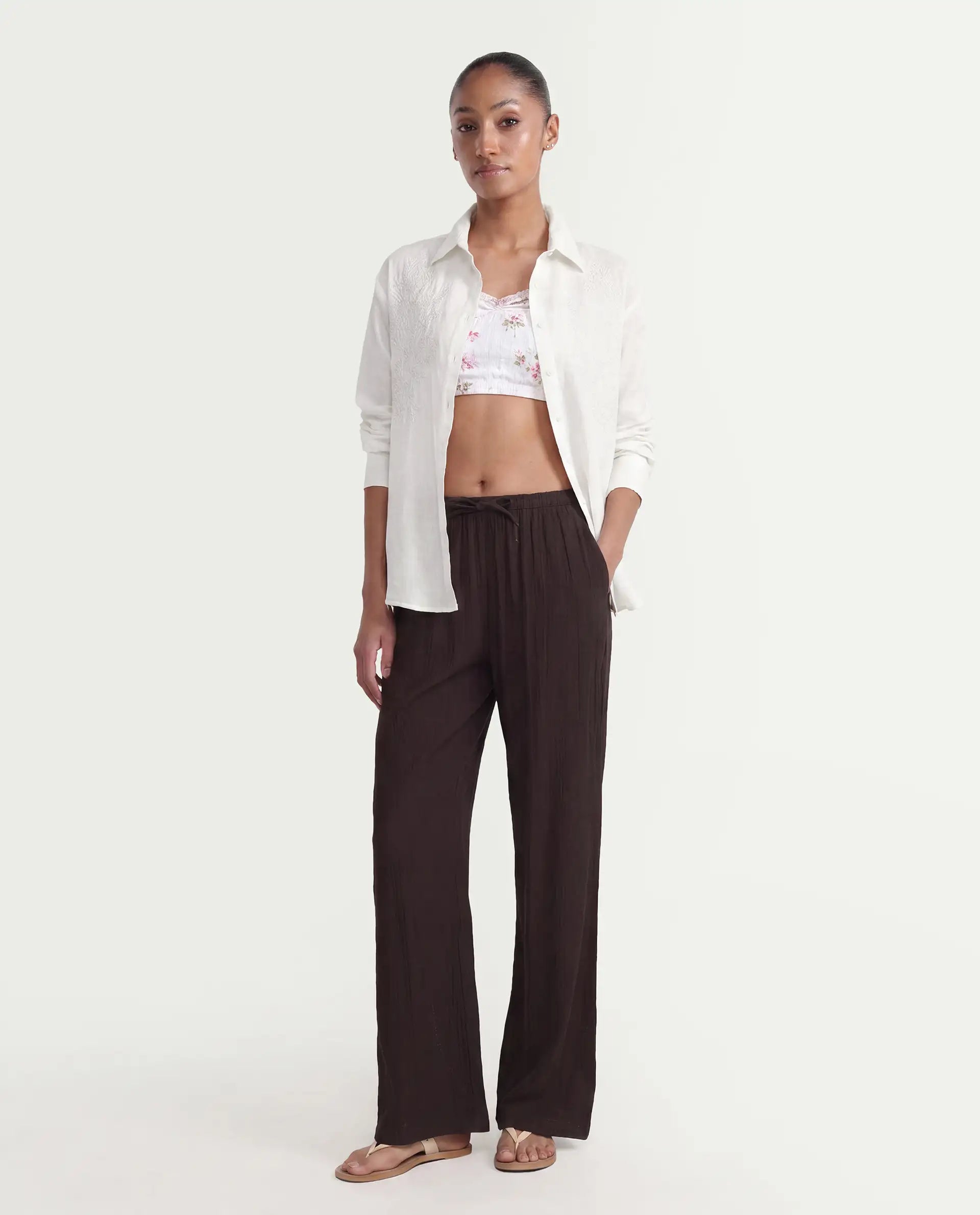 Rareism Women's Duniq Dark Brown Plain Viscose Blend Straight Regular Length Trouser