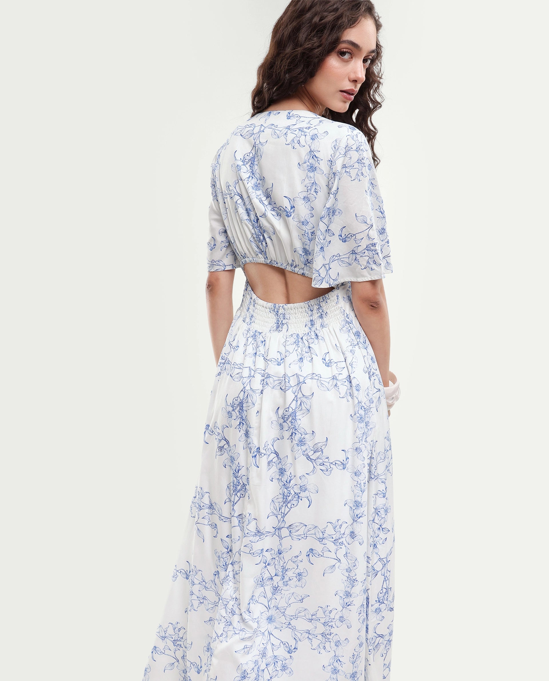 Rareism Women's Kamahe Off White Cotton Blend V-Neck Pull-On Fit And Flare Ornamental Print Dress
