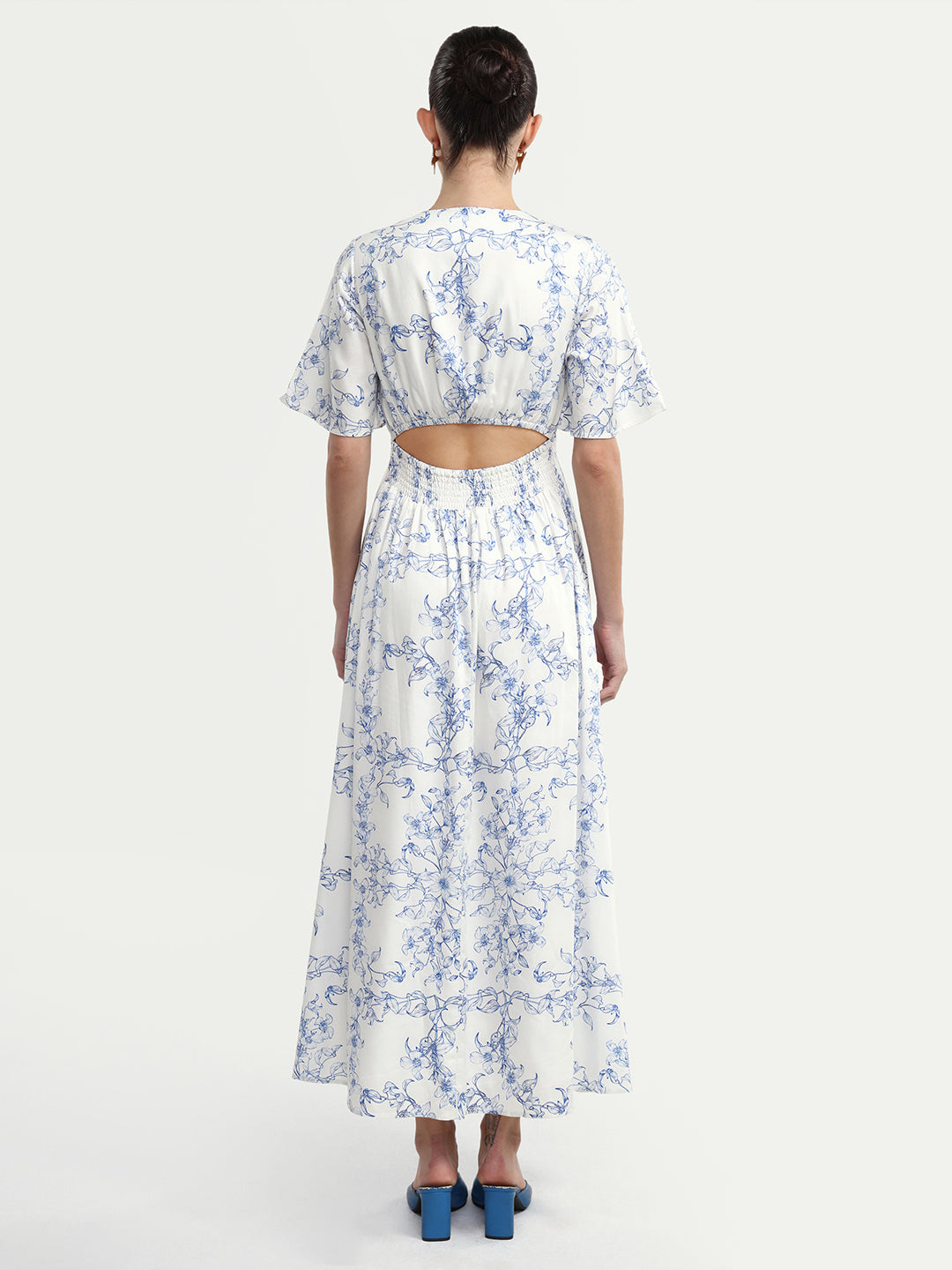 Rareism Women's Kamahe Off White Cotton Blend V-Neck Pull-On Fit And Flare Ornamental Print Dress