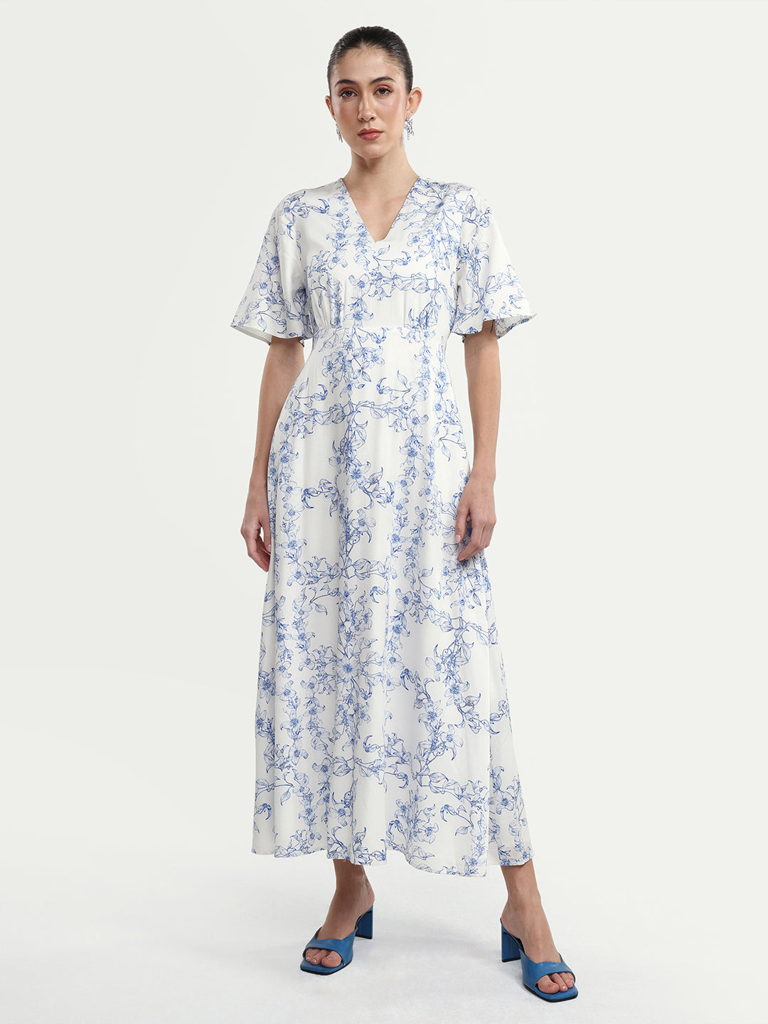 Rareism Women's Kamahe Off White Cotton Blend V-Neck Pull-On Fit And Flare Ornamental Print Dress