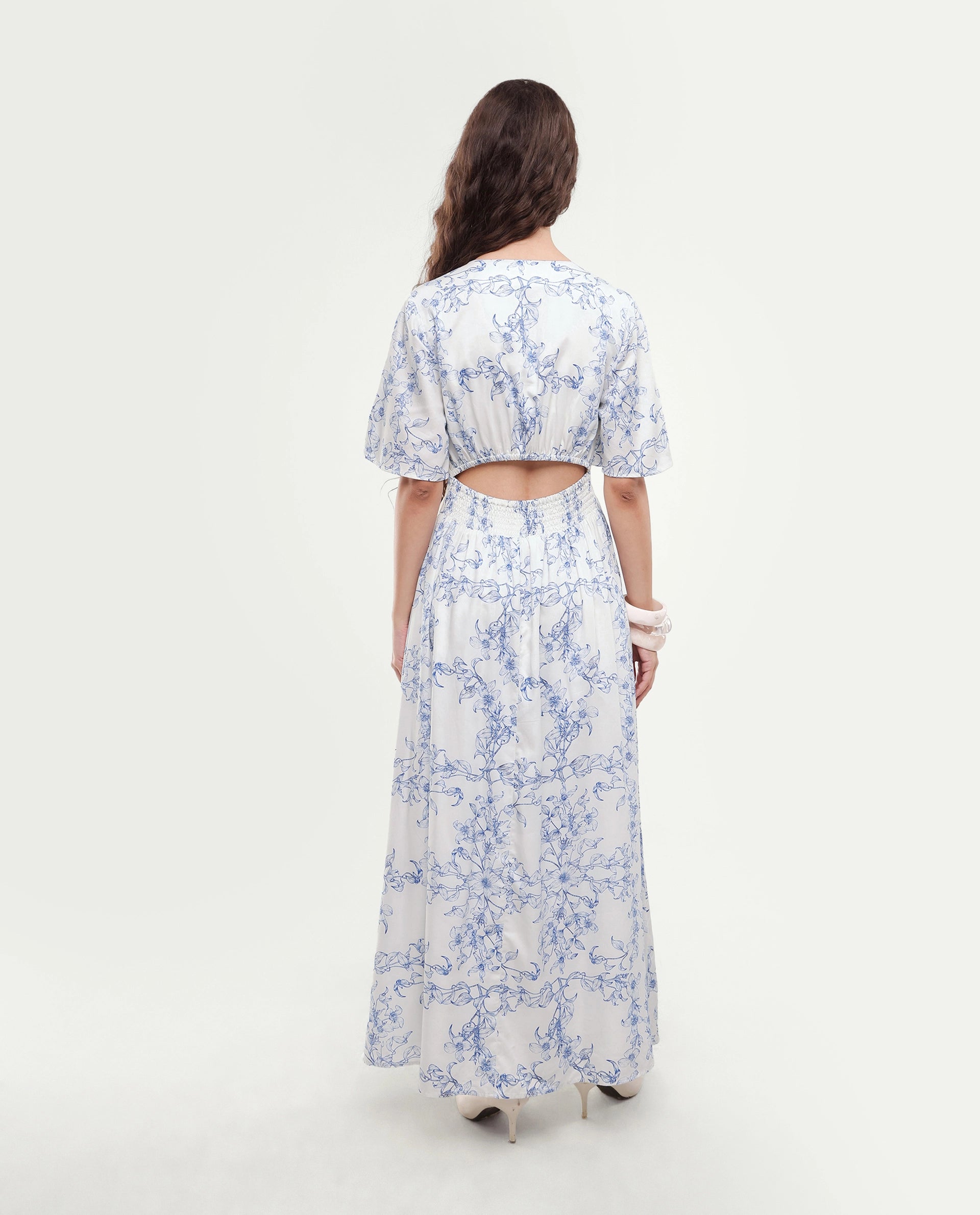Rareism Women's Kamahe Off White Cotton Blend V-Neck Pull-On Fit And Flare Ornamental Print Dress