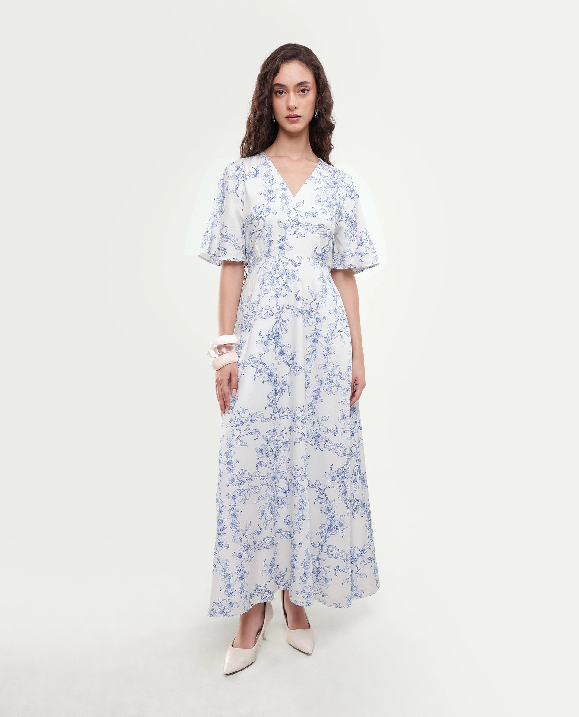 Rareism Women's Kamahe Off White Cotton Blend V-Neck Pull-On Fit And Flare Ornamental Print Dress
