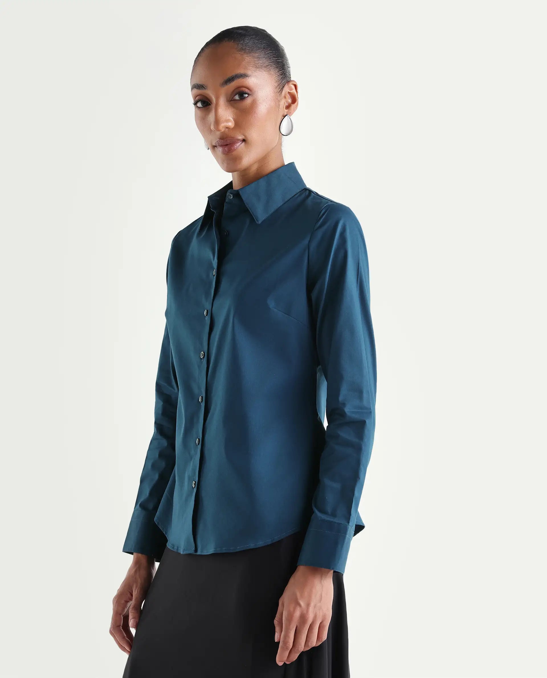 Rareism Women's Maven Teal Cotton Blend Spread Collar Fitted Plain Shirt