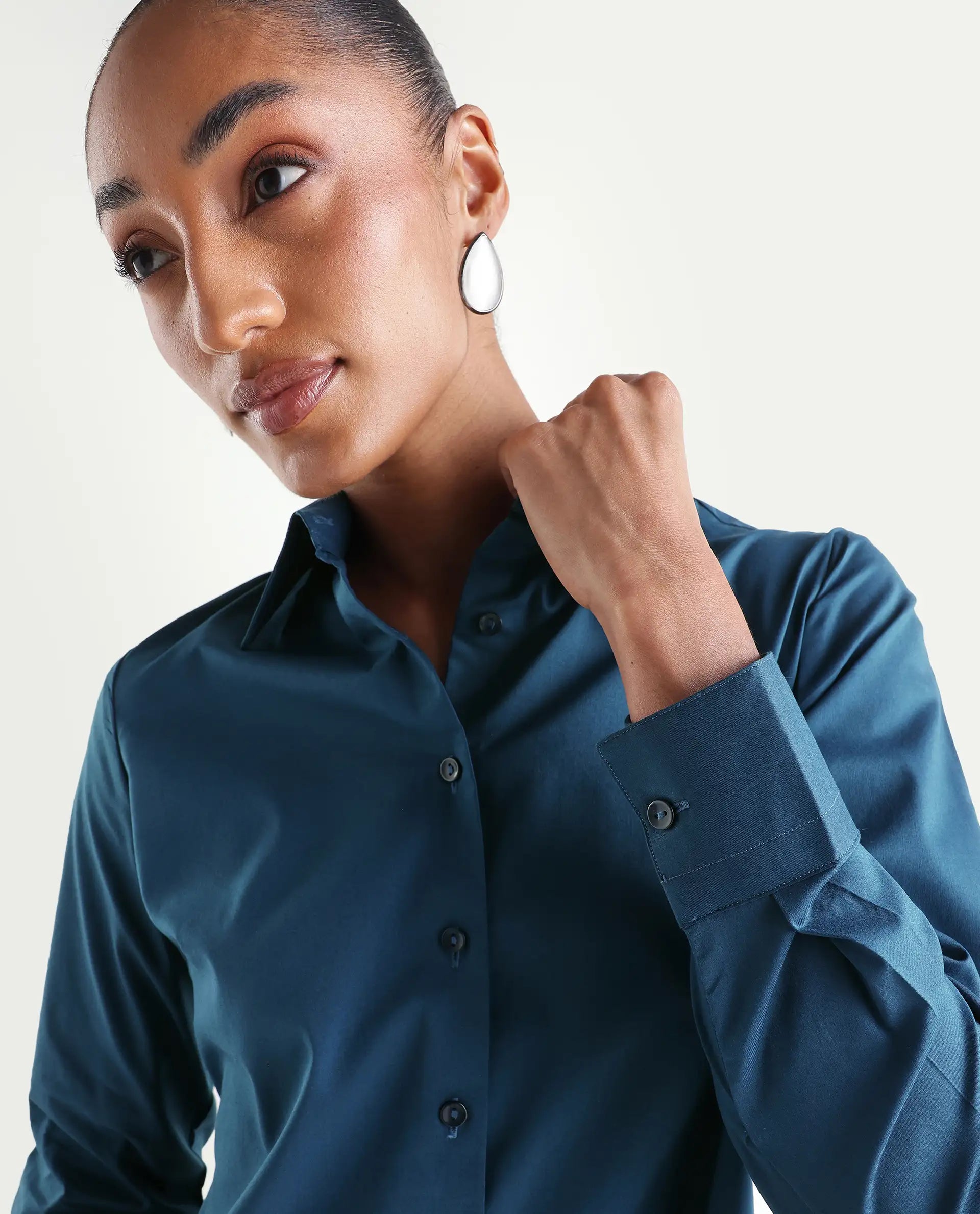 Rareism Women's Maven Teal Cotton Blend Spread Collar Fitted Plain Shirt