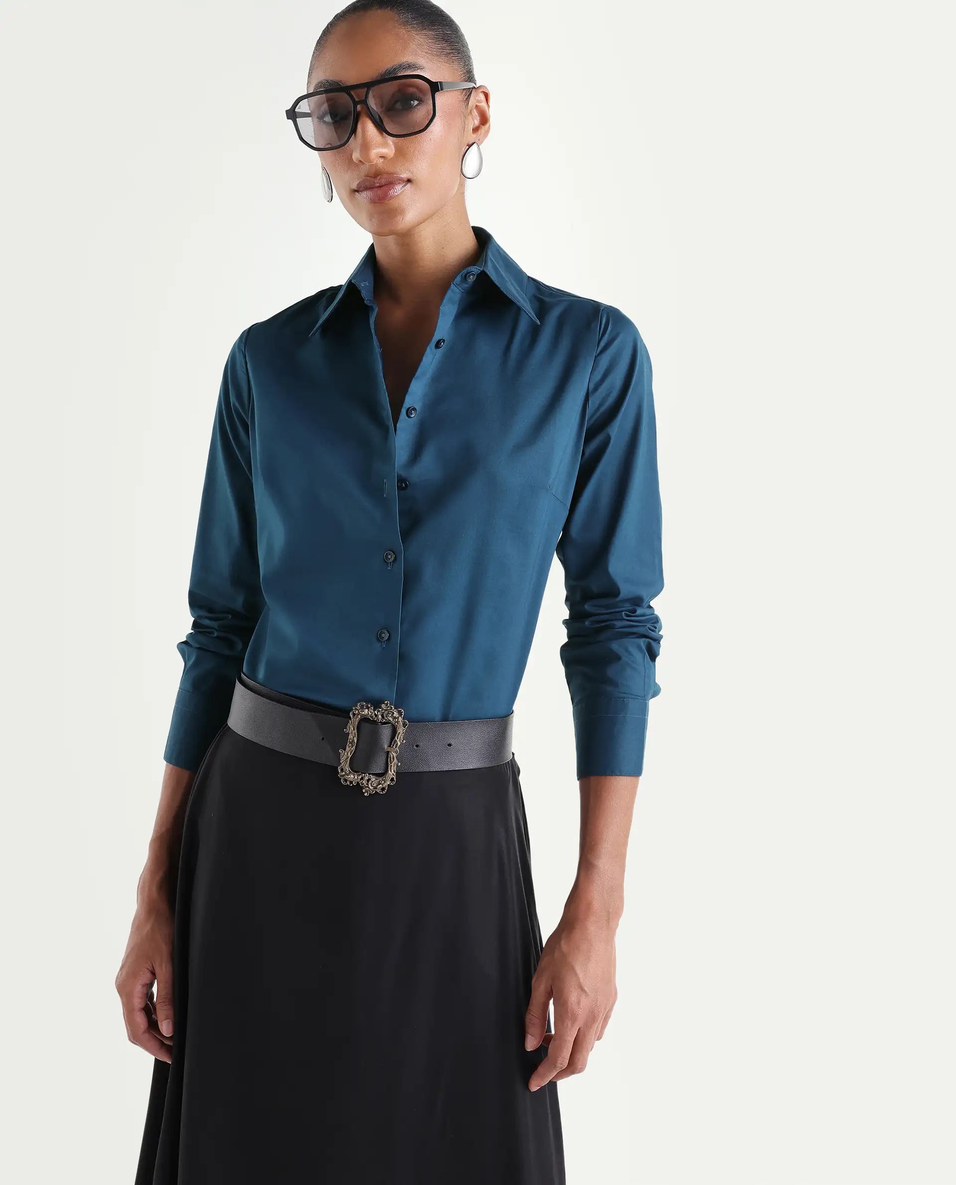 Rareism Women's Maven Teal Cotton Blend Spread Collar Fitted Plain Shirt