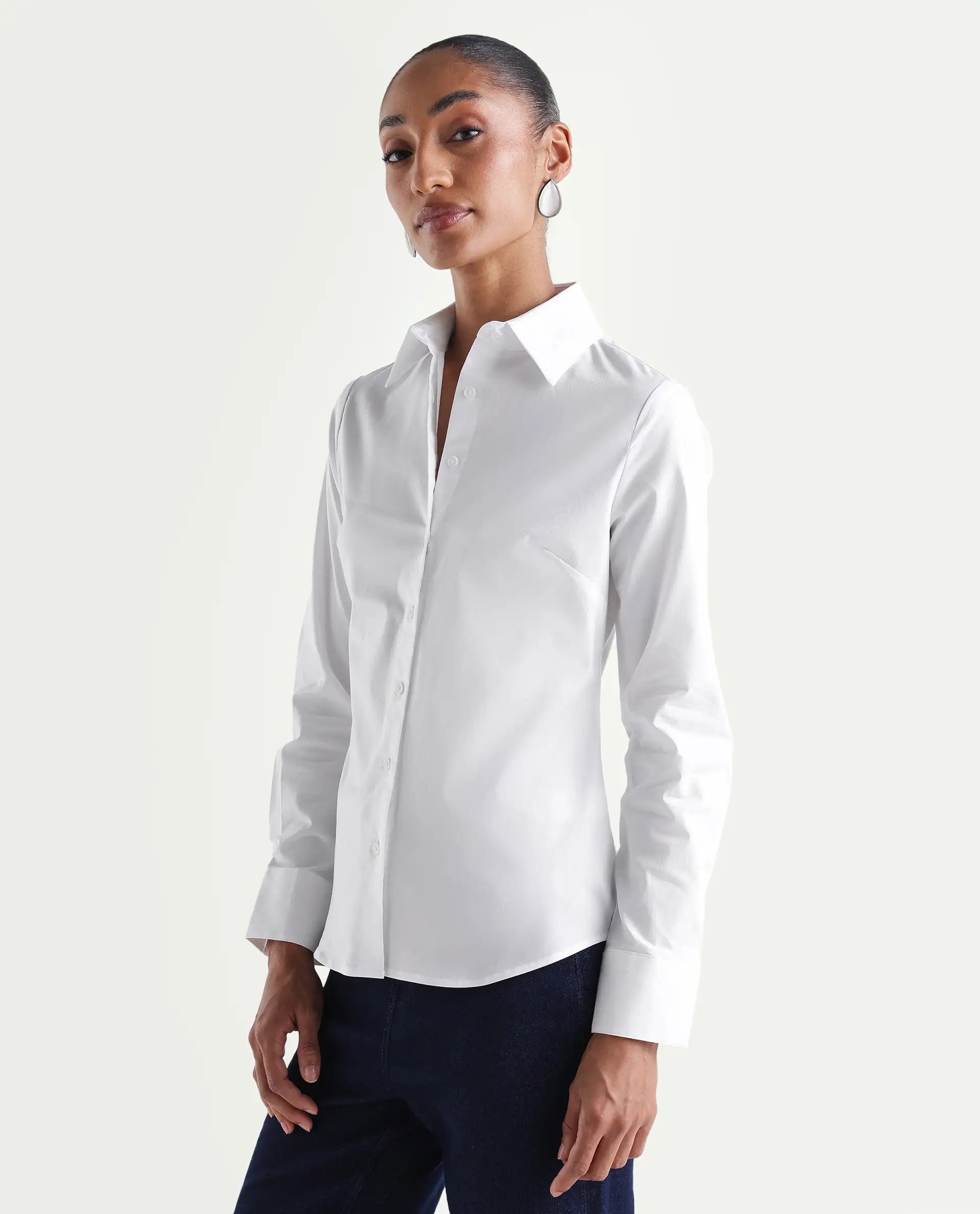 Rareism Women's Maven White Cotton Blend Spread Collar Fitted Plain Shirt