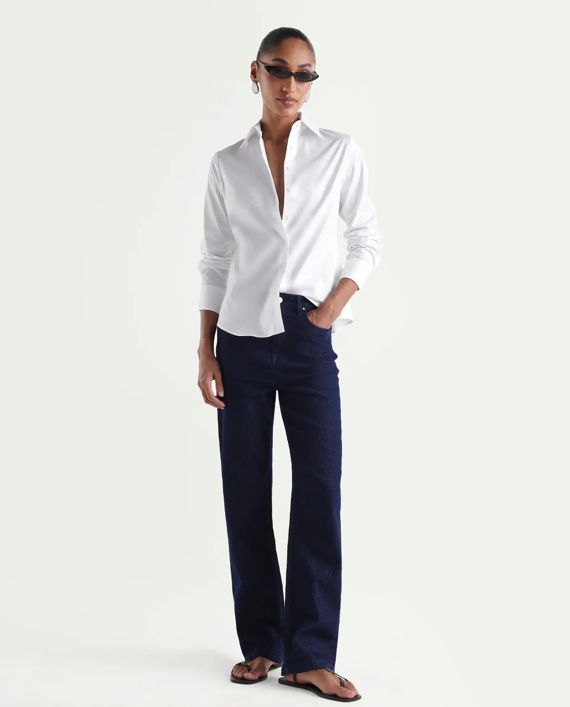 Rareism Women's Maven White Cotton Blend Spread Collar Fitted Plain Shirt