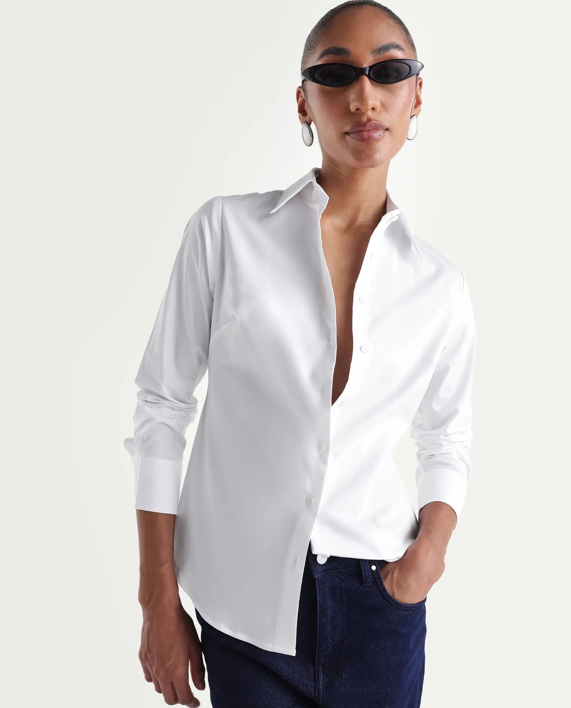 Rareism Women's Maven White Cotton Blend Spread Collar Fitted Plain Shirt