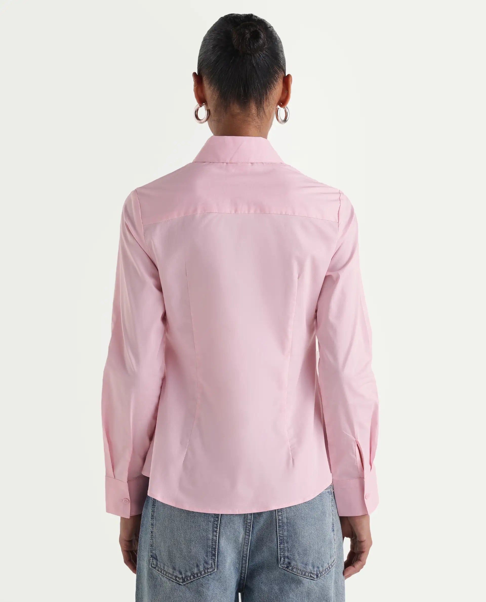 Rareism Women's Maven Pink Cotton Blend Spread Collar Fitted Plain Shirt