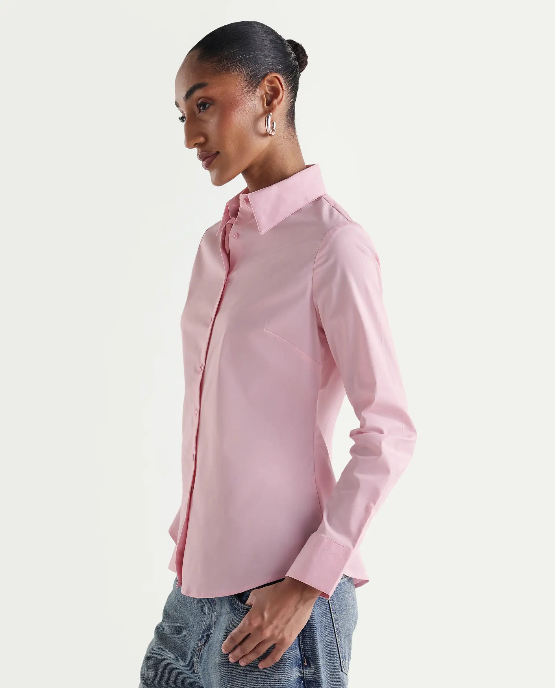 Rareism Women's Maven Pink Cotton Blend Spread Collar Fitted Plain Shirt