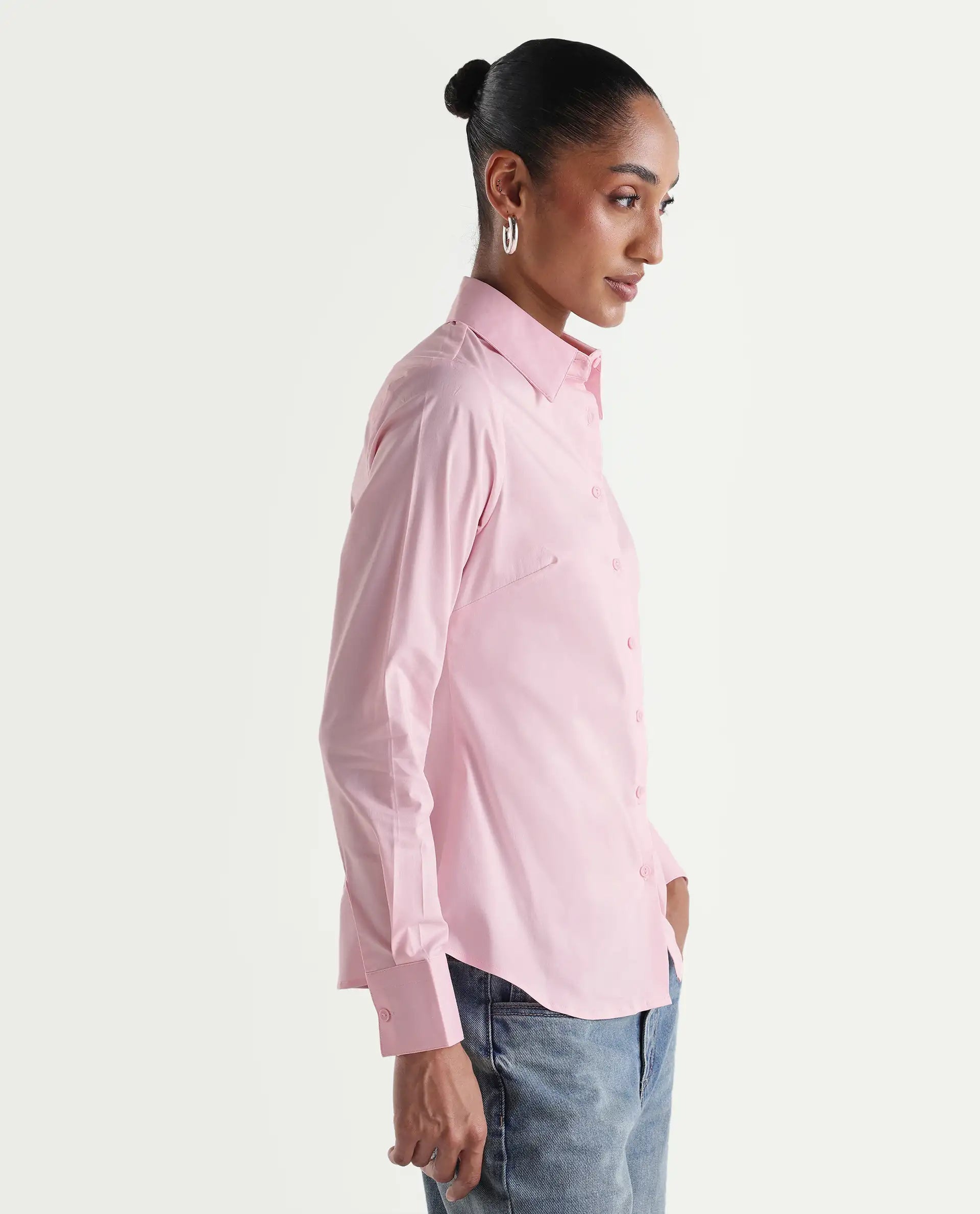 Rareism Women's Maven Pink Cotton Blend Spread Collar Fitted Plain Shirt