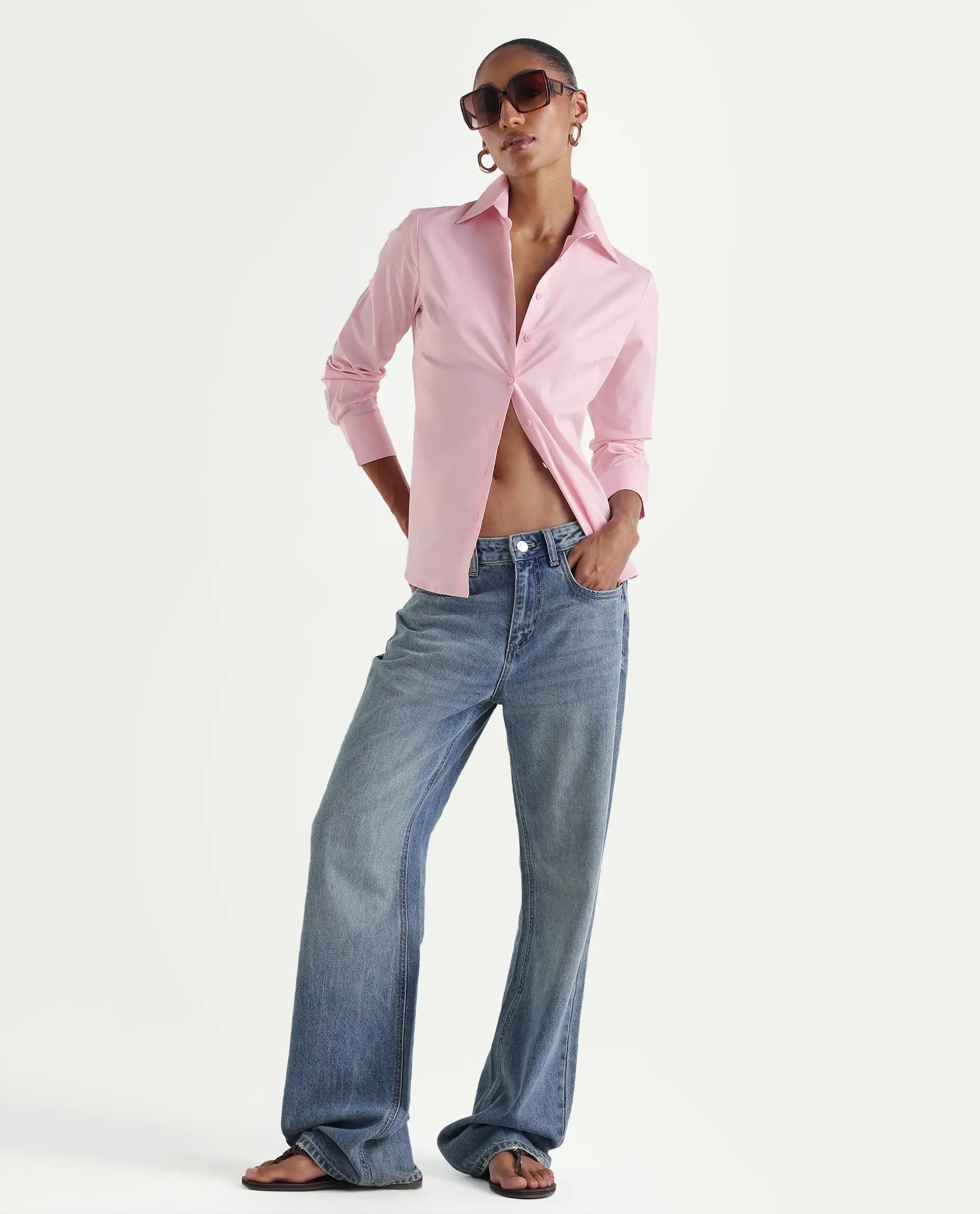 Rareism Women's Maven Pink Cotton Blend Spread Collar Fitted Plain Shirt