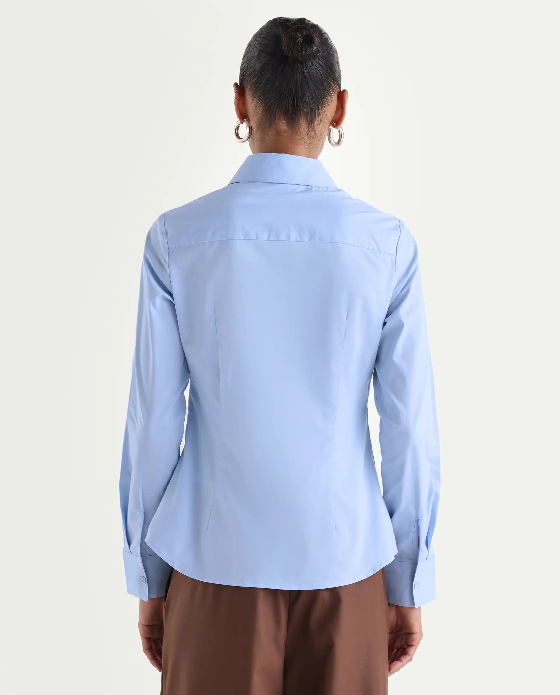 Rareism Women's Maven Light Blue Cotton Blend Spread Collar Fitted Plain Shirt