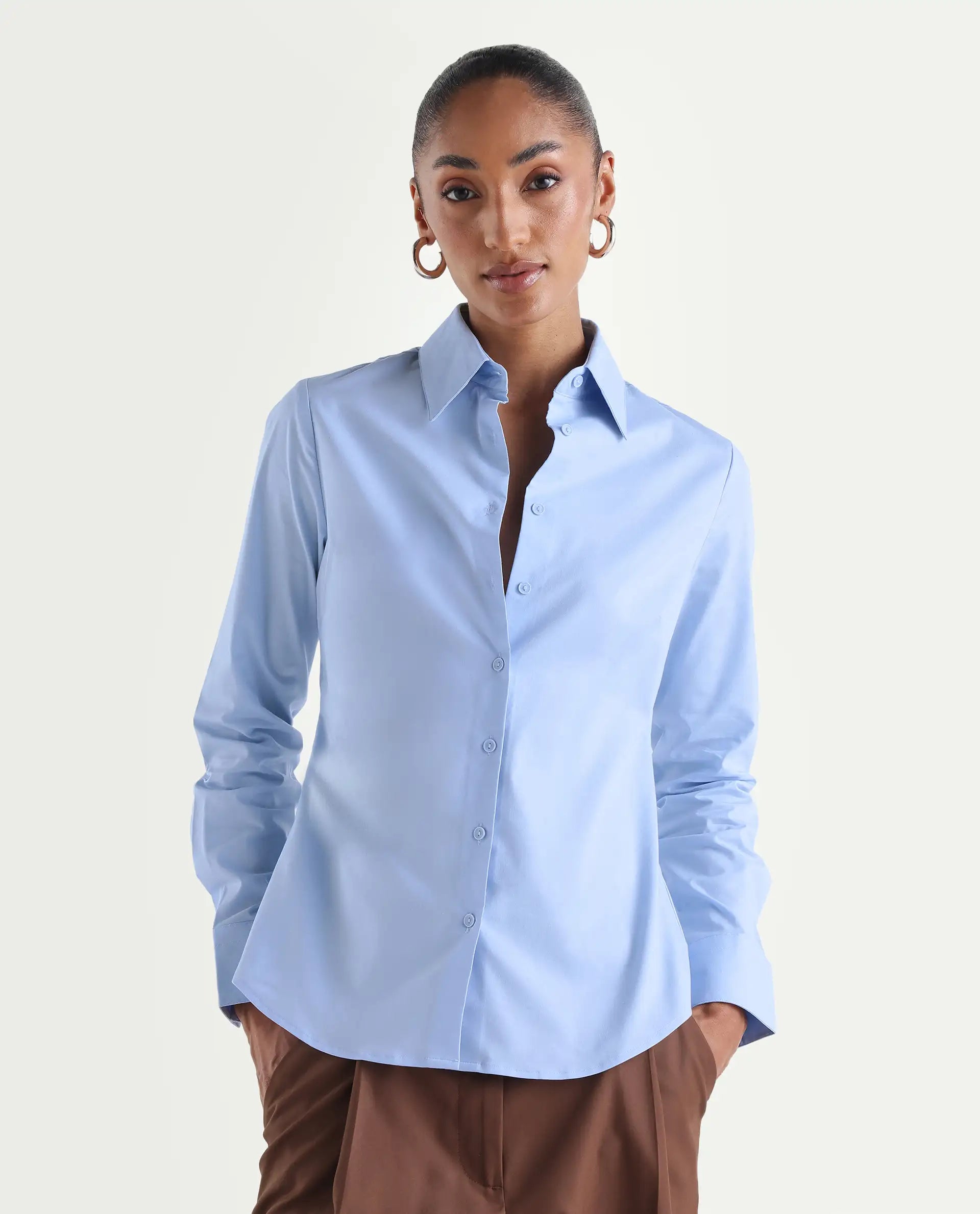 Rareism Women's Maven Light Blue Cotton Blend Spread Collar Fitted Plain Shirt