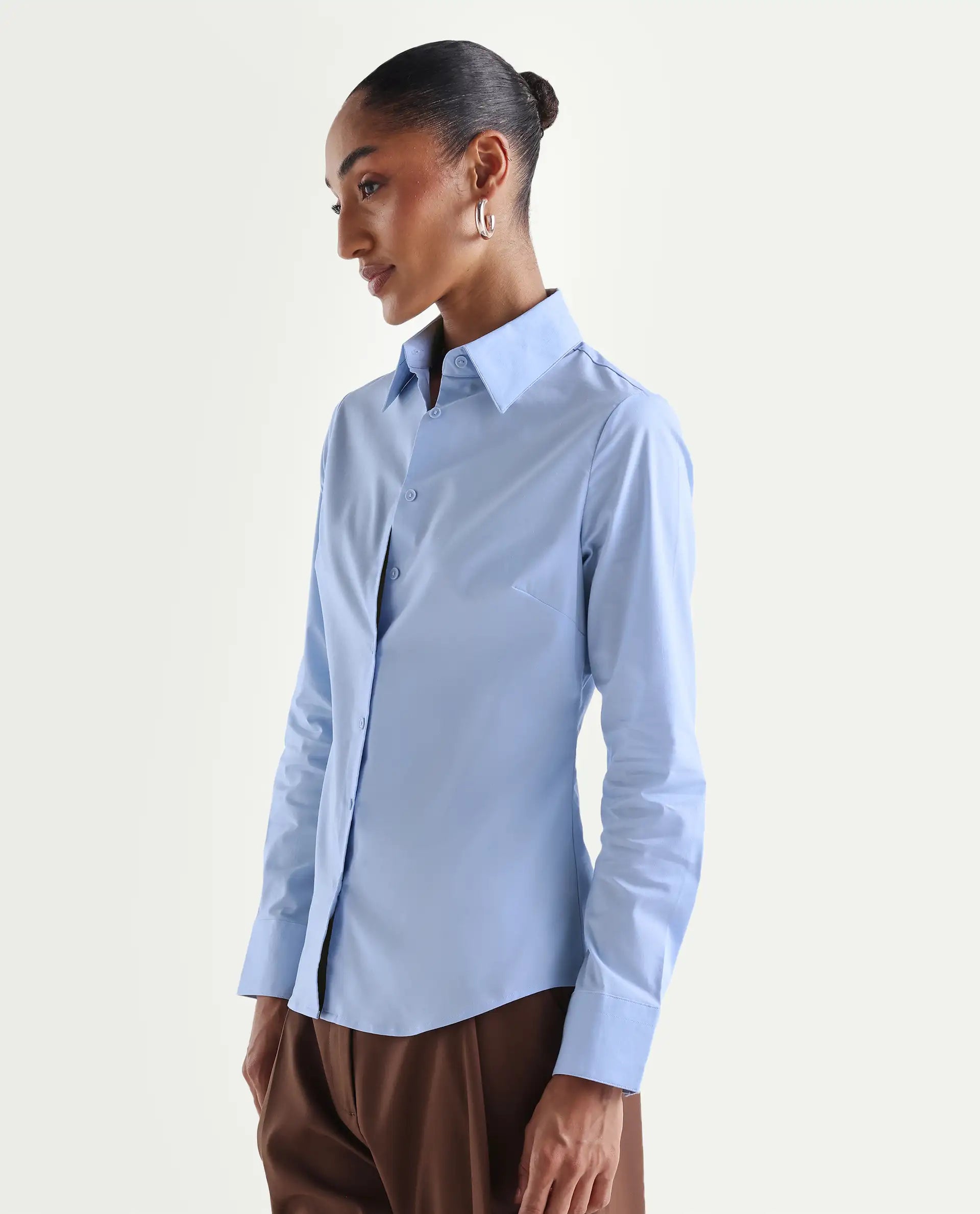 Rareism Women's Maven Light Blue Cotton Blend Spread Collar Fitted Plain Shirt