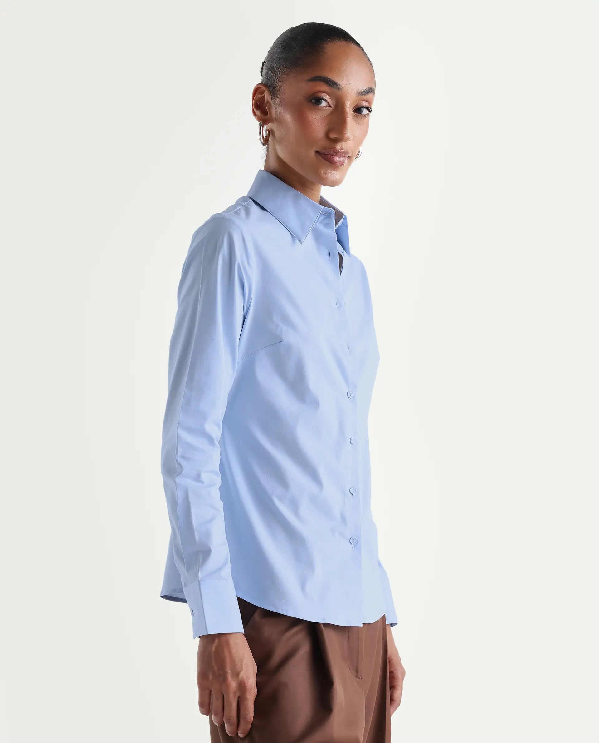 Rareism Women's Maven Light Blue Cotton Blend Spread Collar Fitted Plain Shirt