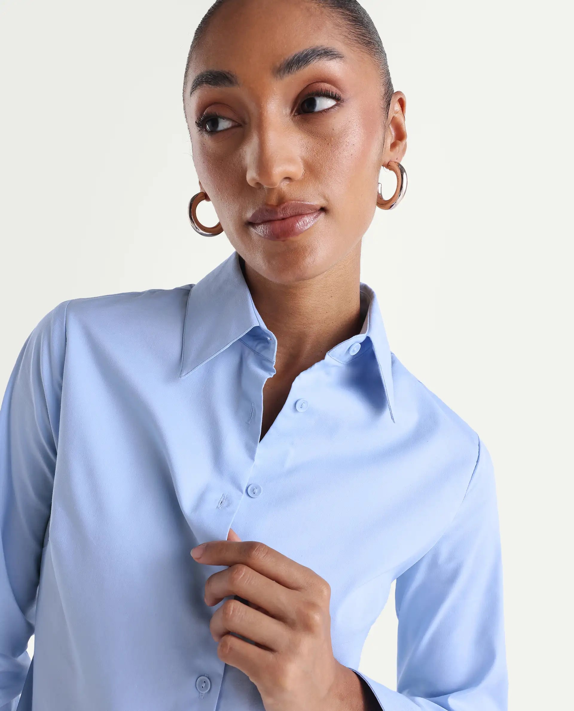 Rareism Women's Maven Light Blue Cotton Blend Spread Collar Fitted Plain Shirt