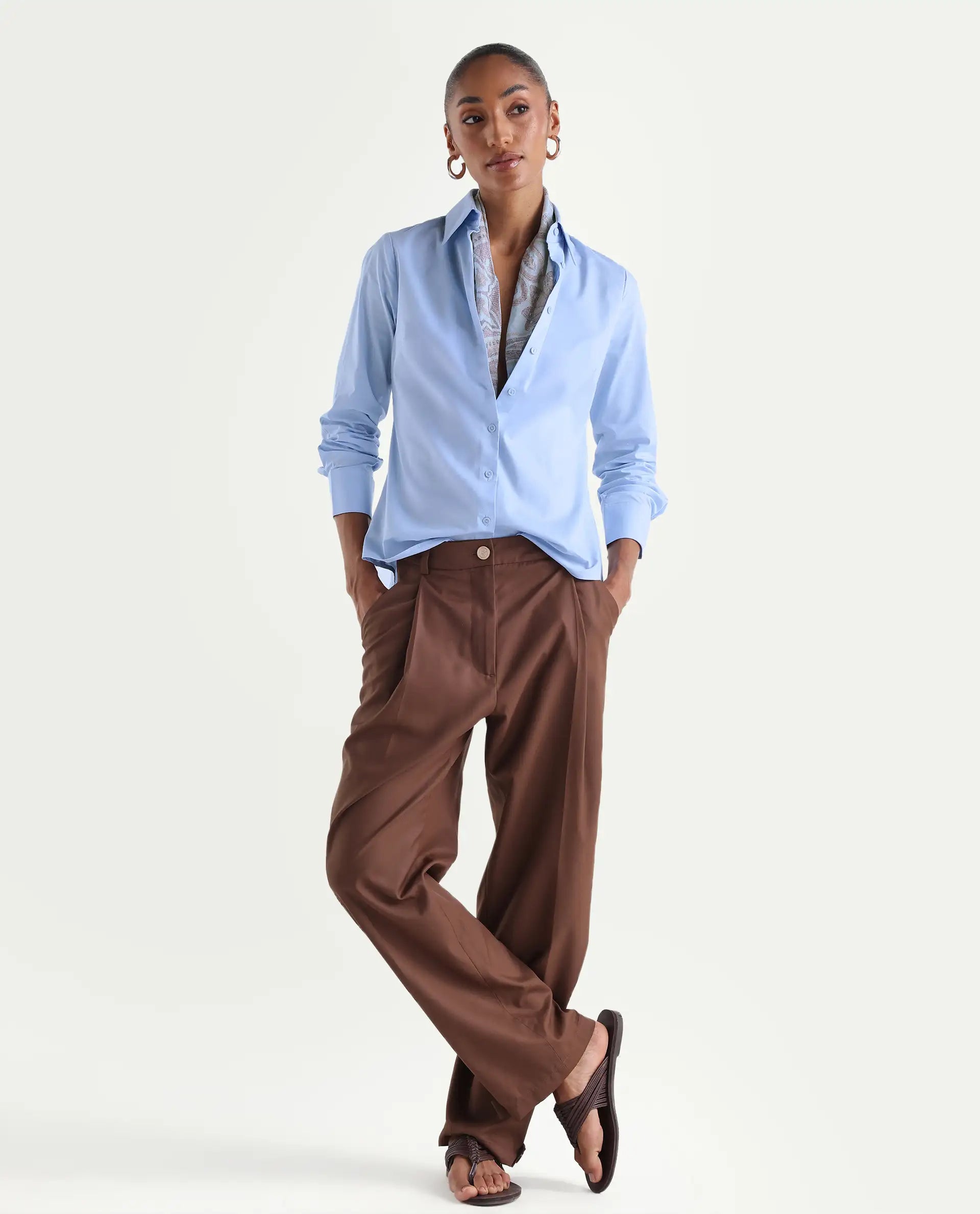 Rareism Women's Maven Light Blue Cotton Blend Spread Collar Fitted Plain Shirt