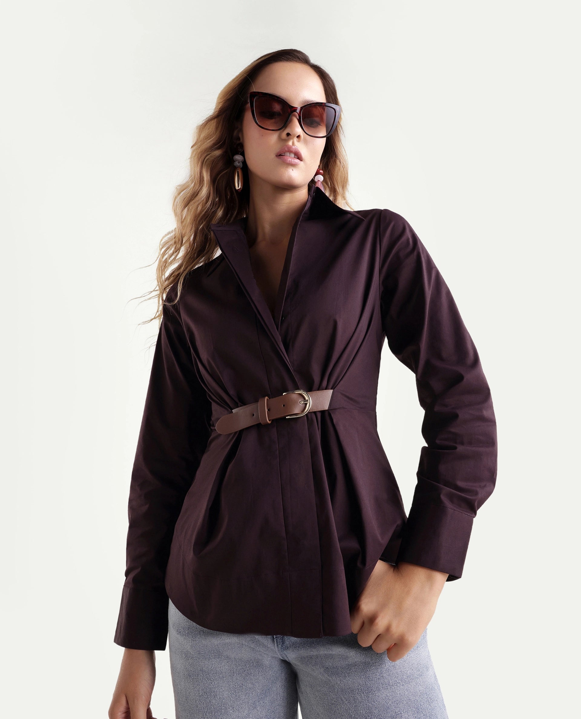 Rareism Women's Onio Brown Plain Cotton Blend Regular Long Sleeve Shirt
