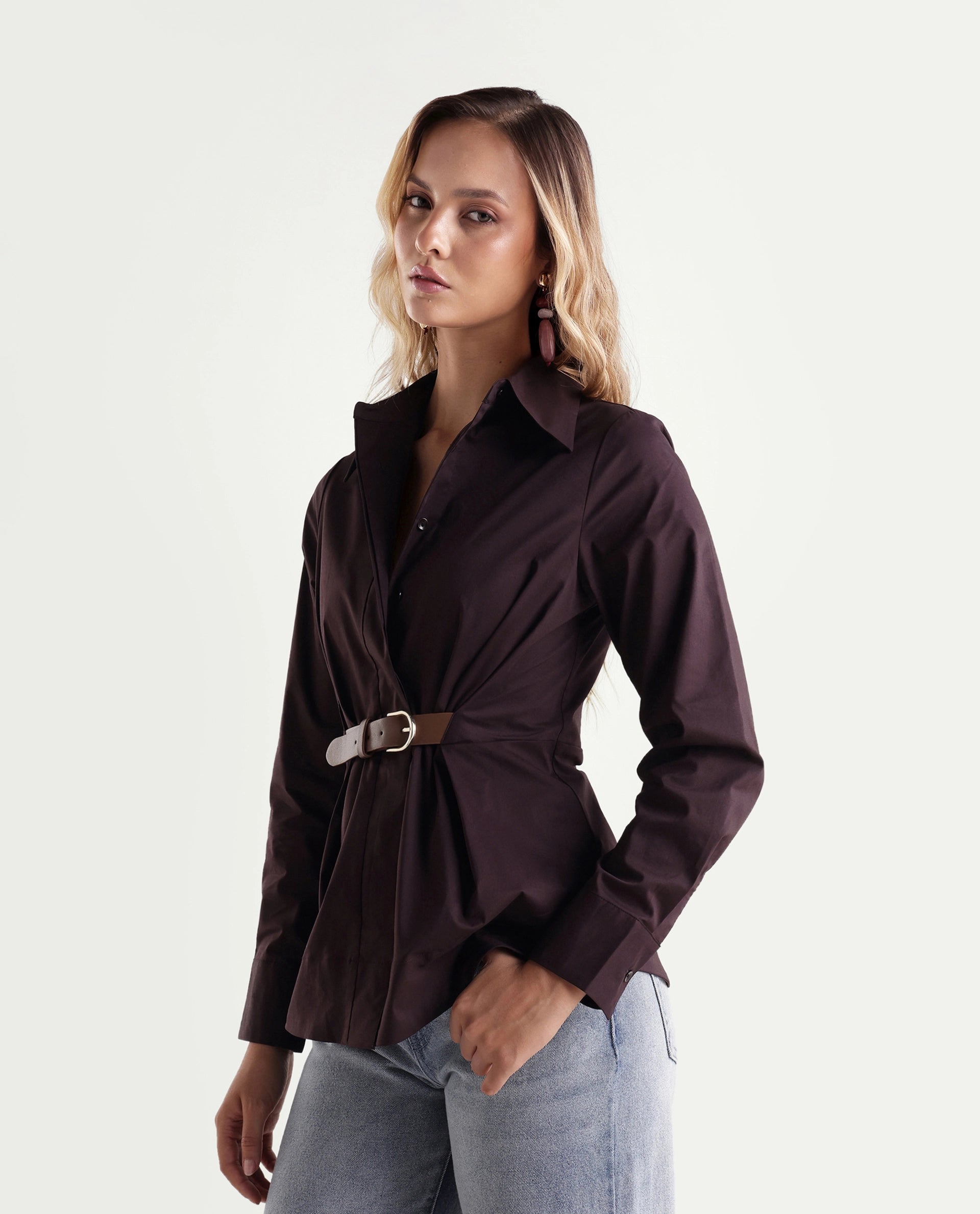 Rareism Women's Onio Brown Plain Cotton Blend Regular Long Sleeve Shirt