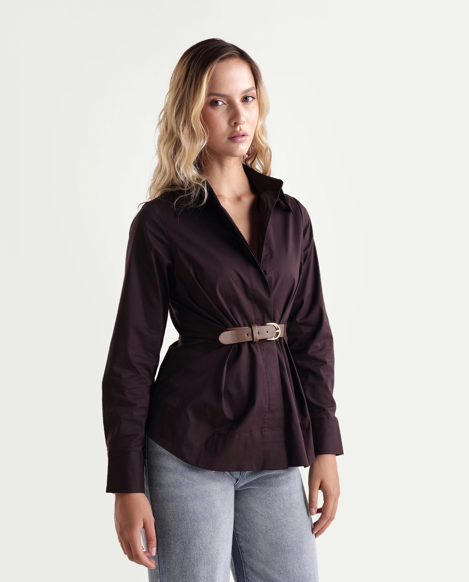 Rareism Women's Onio Brown Plain Cotton Blend Regular Long Sleeve Shirt