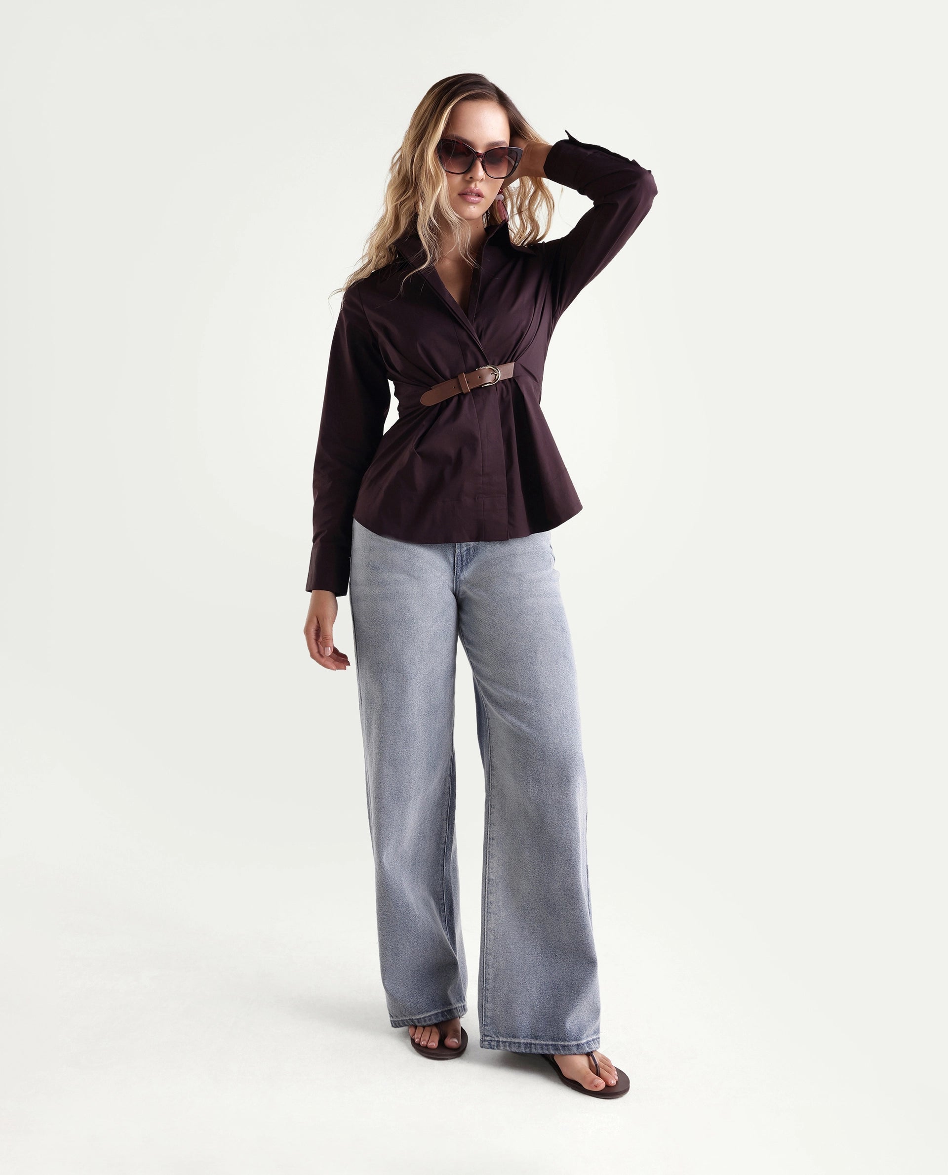 Rareism Women's Onio Brown Plain Cotton Blend Regular Long Sleeve Shirt