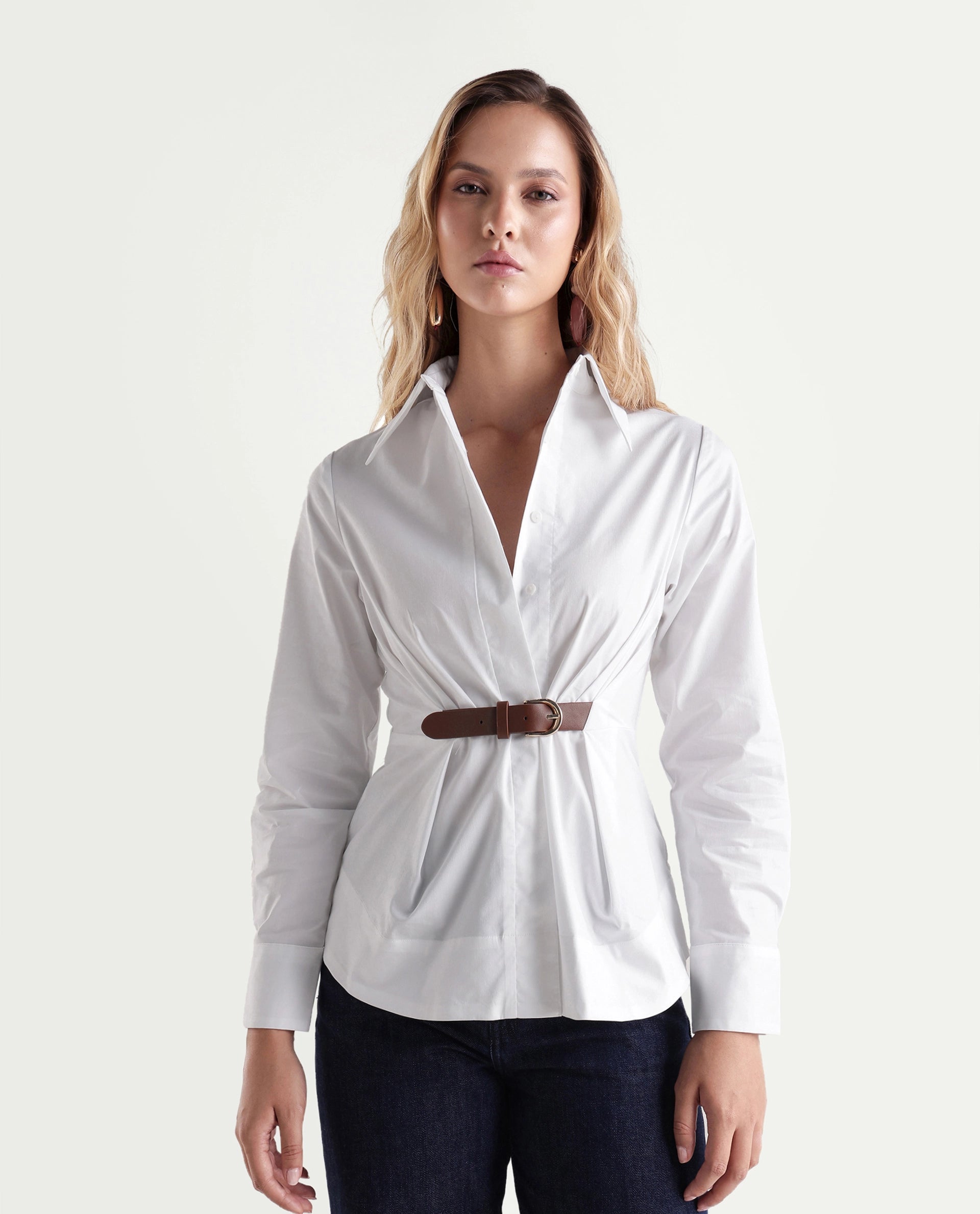 Rareism Women's Onio Off White Plain Cotton Blend Regular Long Sleeves Shirt