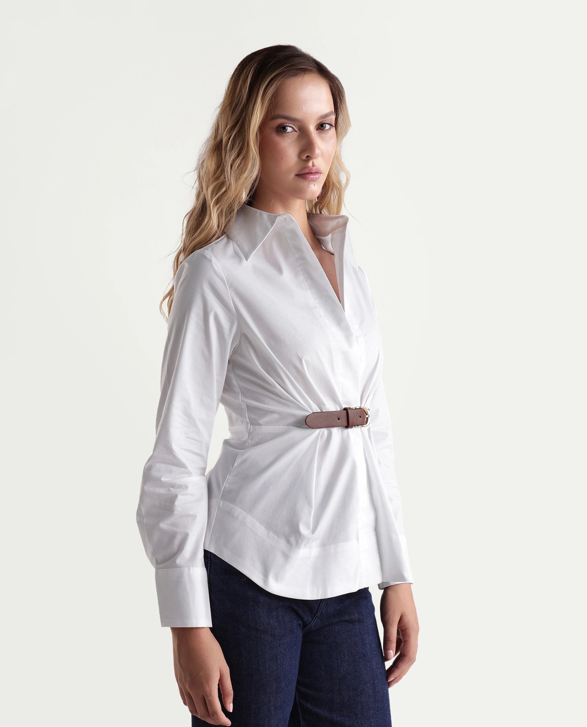 Rareism Women's Onio Off White Plain Cotton Blend Regular Long Sleeves Shirt