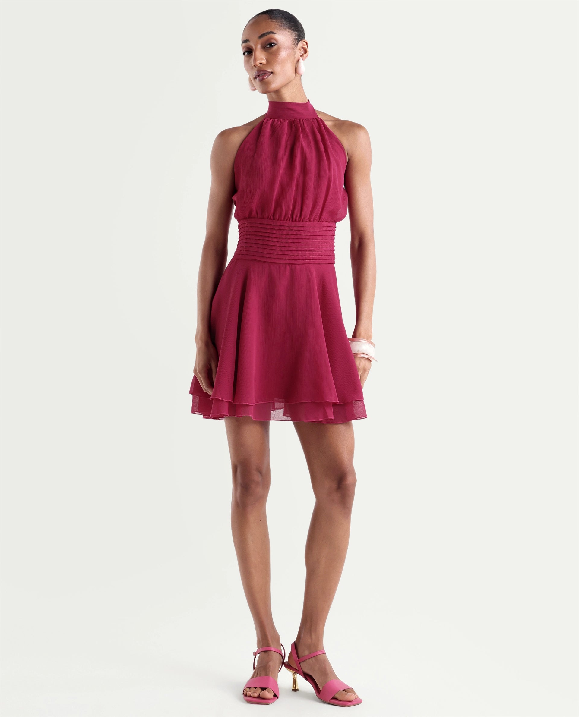Rareism Women's Peti Dark Pink Polyester Halter Neck Button And Zip Fit And Flare Plain Dress