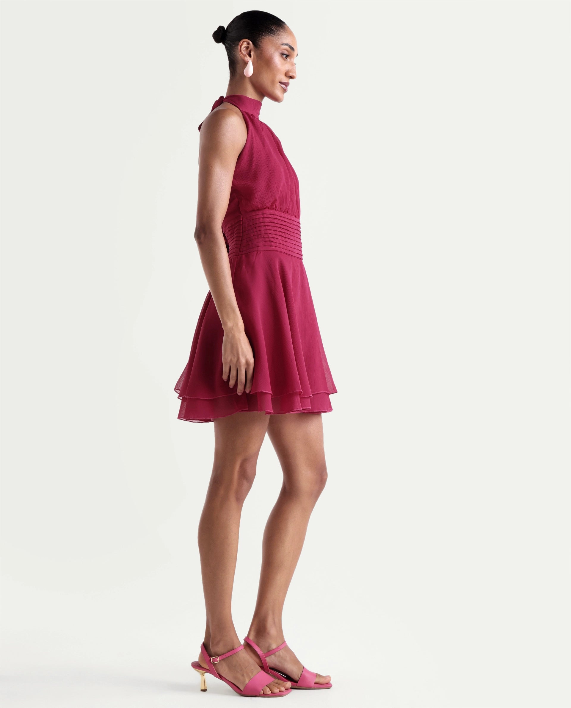 Rareism Women's Peti Dark Pink Polyester Halter Neck Button And Zip Fit And Flare Plain Dress