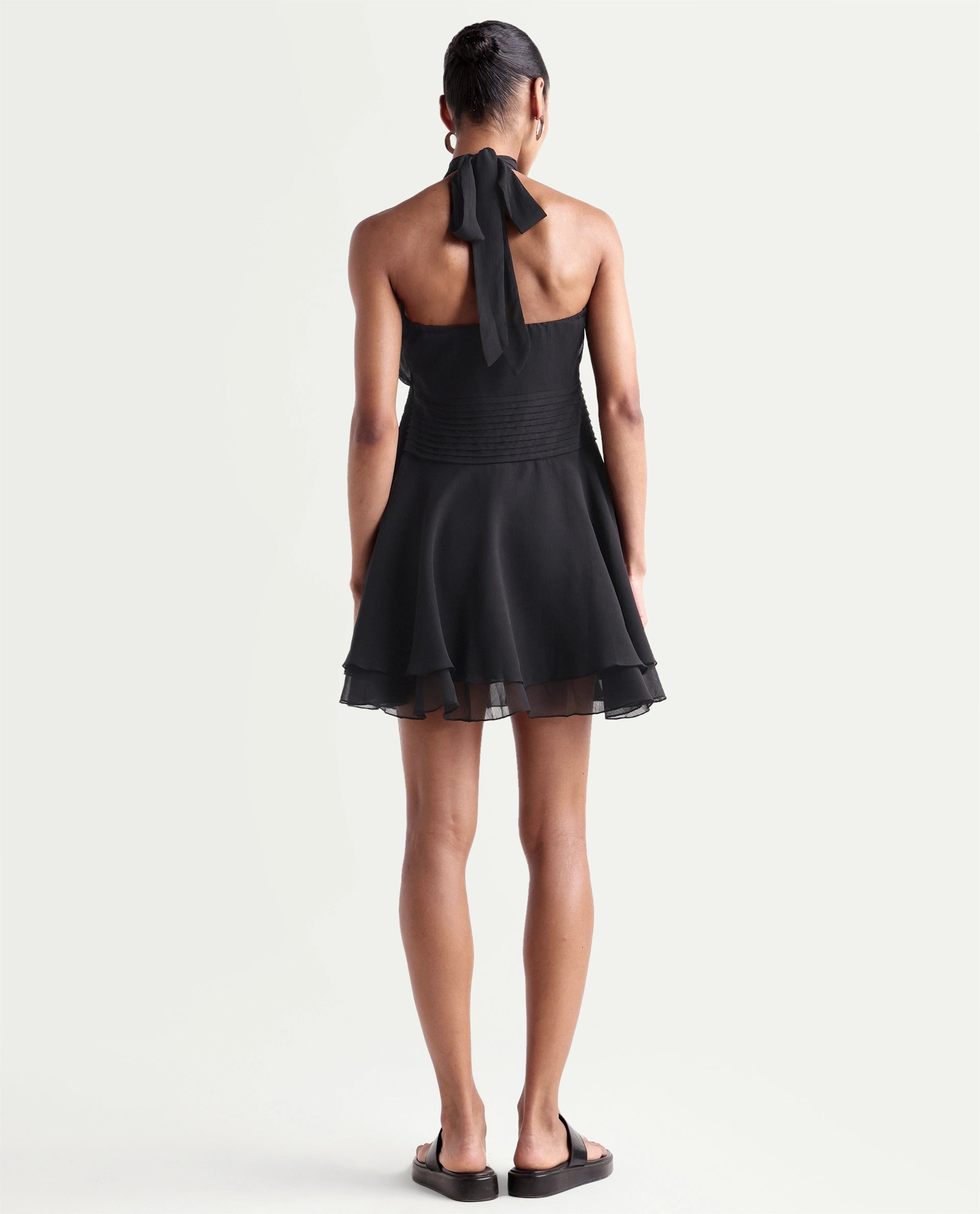 Rareism Women's Peti Black Polyester Halter Neck Button And Zip Fit And Flare Plain Dress