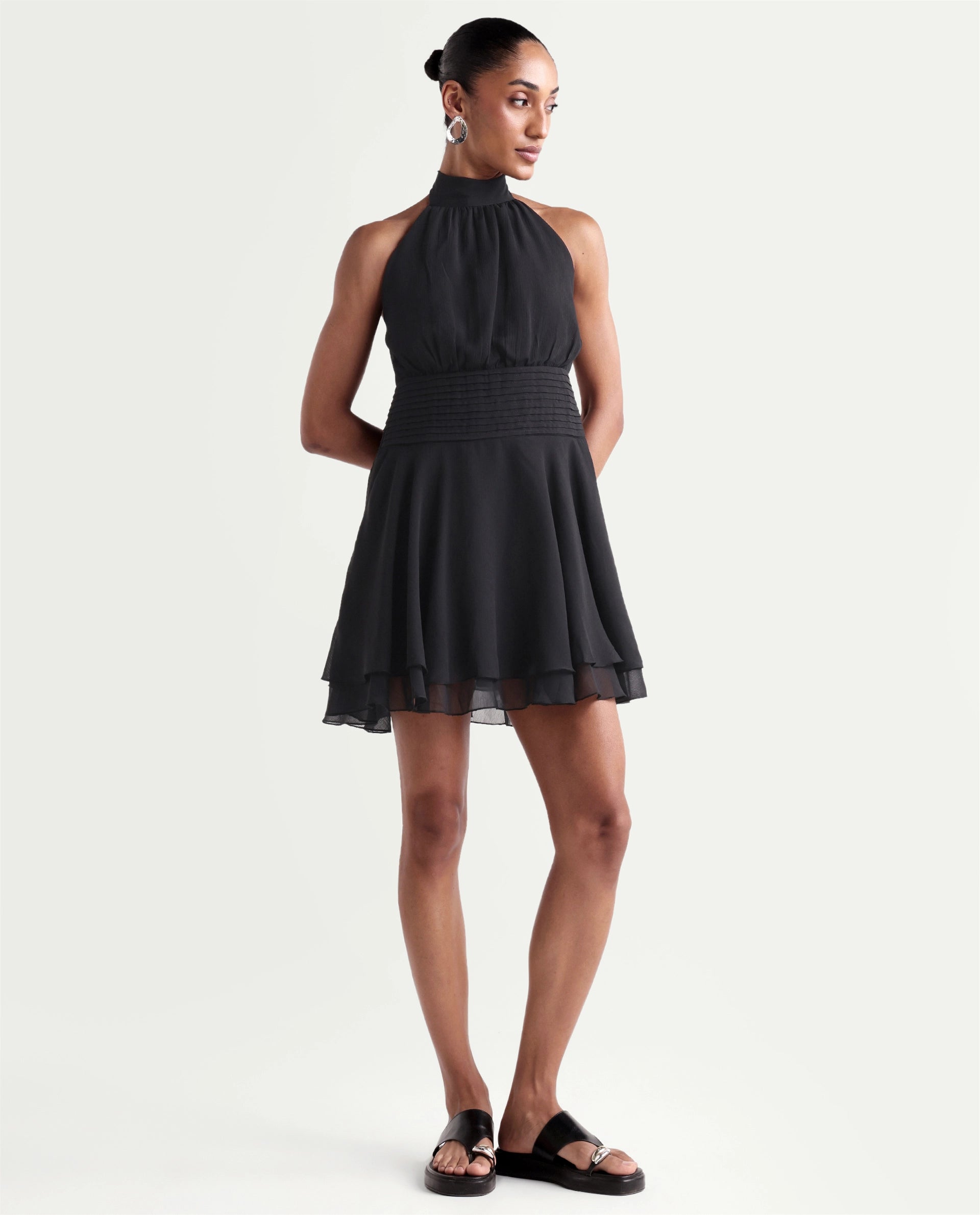 Rareism Women's Peti Black Polyester Halter Neck Button And Zip Fit And Flare Plain Dress