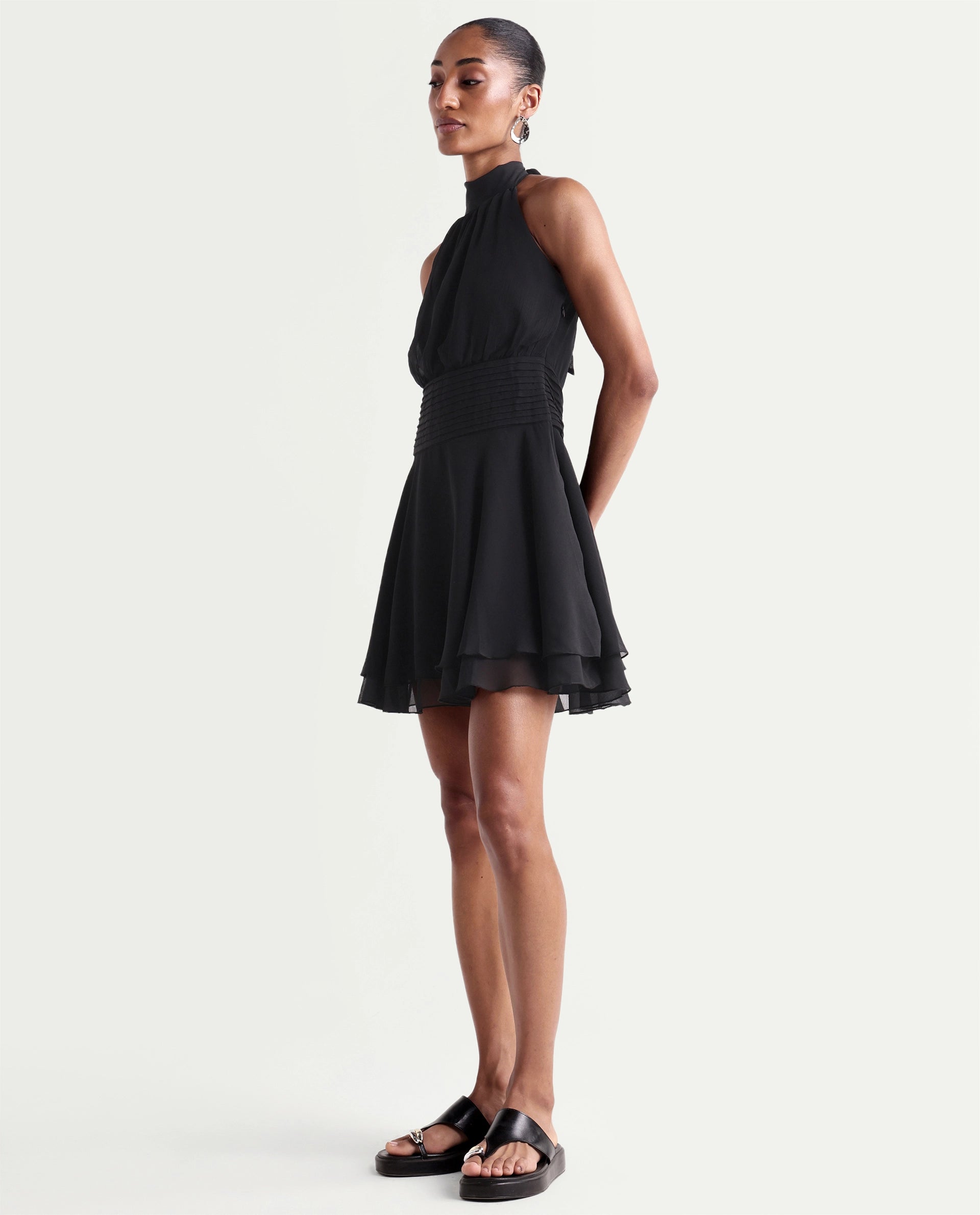 Rareism Women's Peti Black Polyester Halter Neck Button And Zip Fit And Flare Plain Dress
