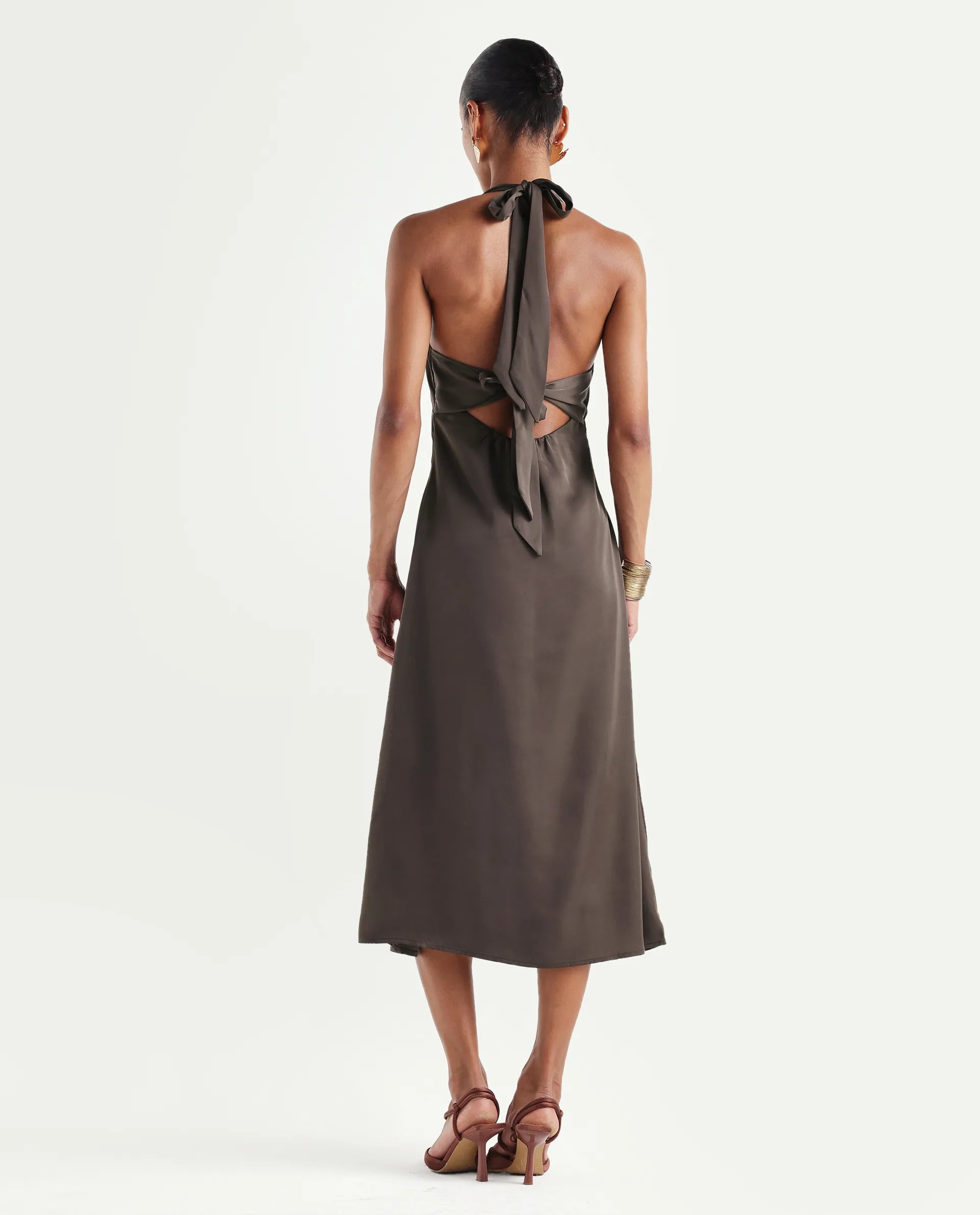 Rareism Women's Petin Brown Polyester V-Neck Elastic Fit And Flare Plain Sleeveless Dress