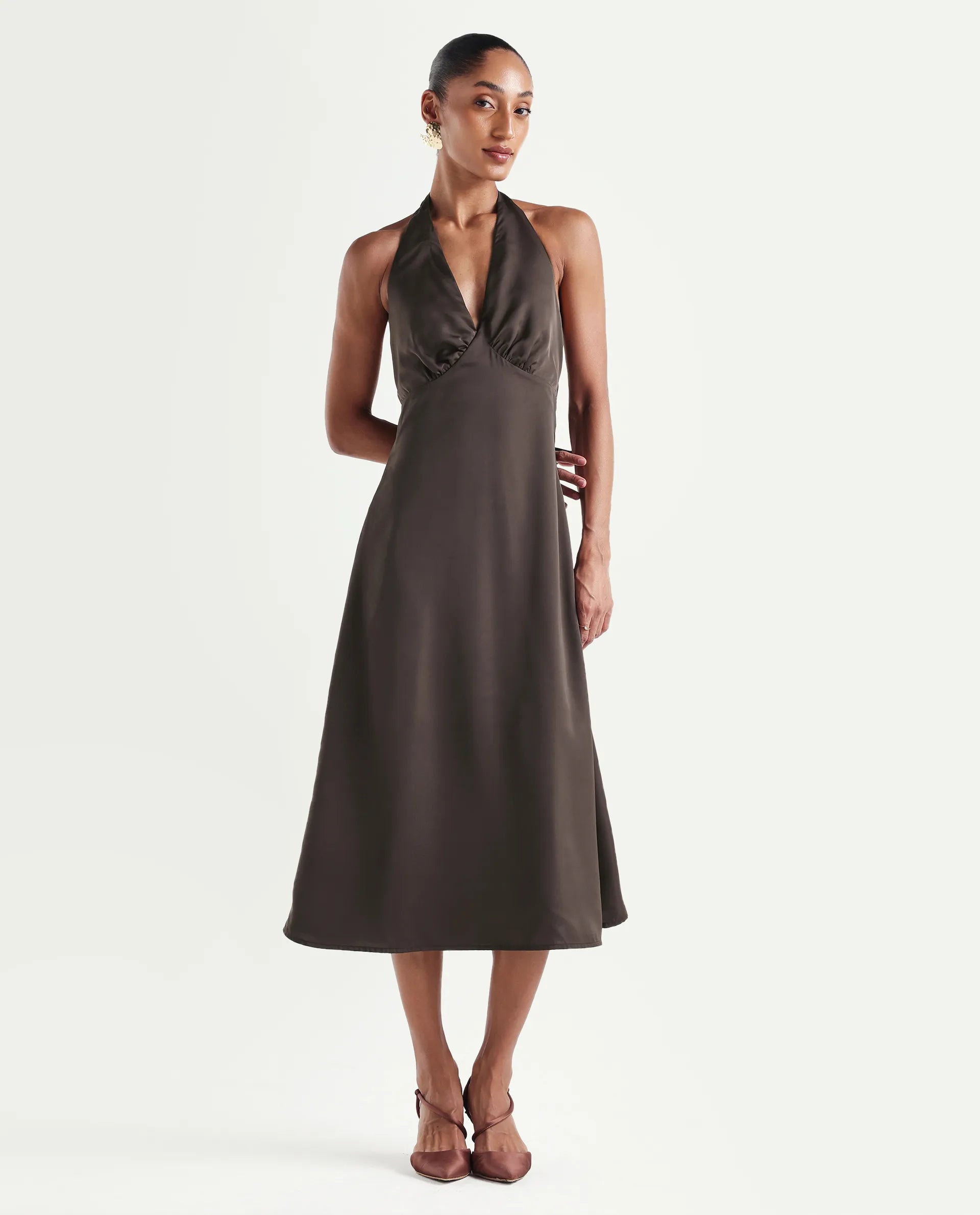 Rareism Women's Petin Brown Polyester V-Neck Elastic Fit And Flare Plain Sleeveless Dress