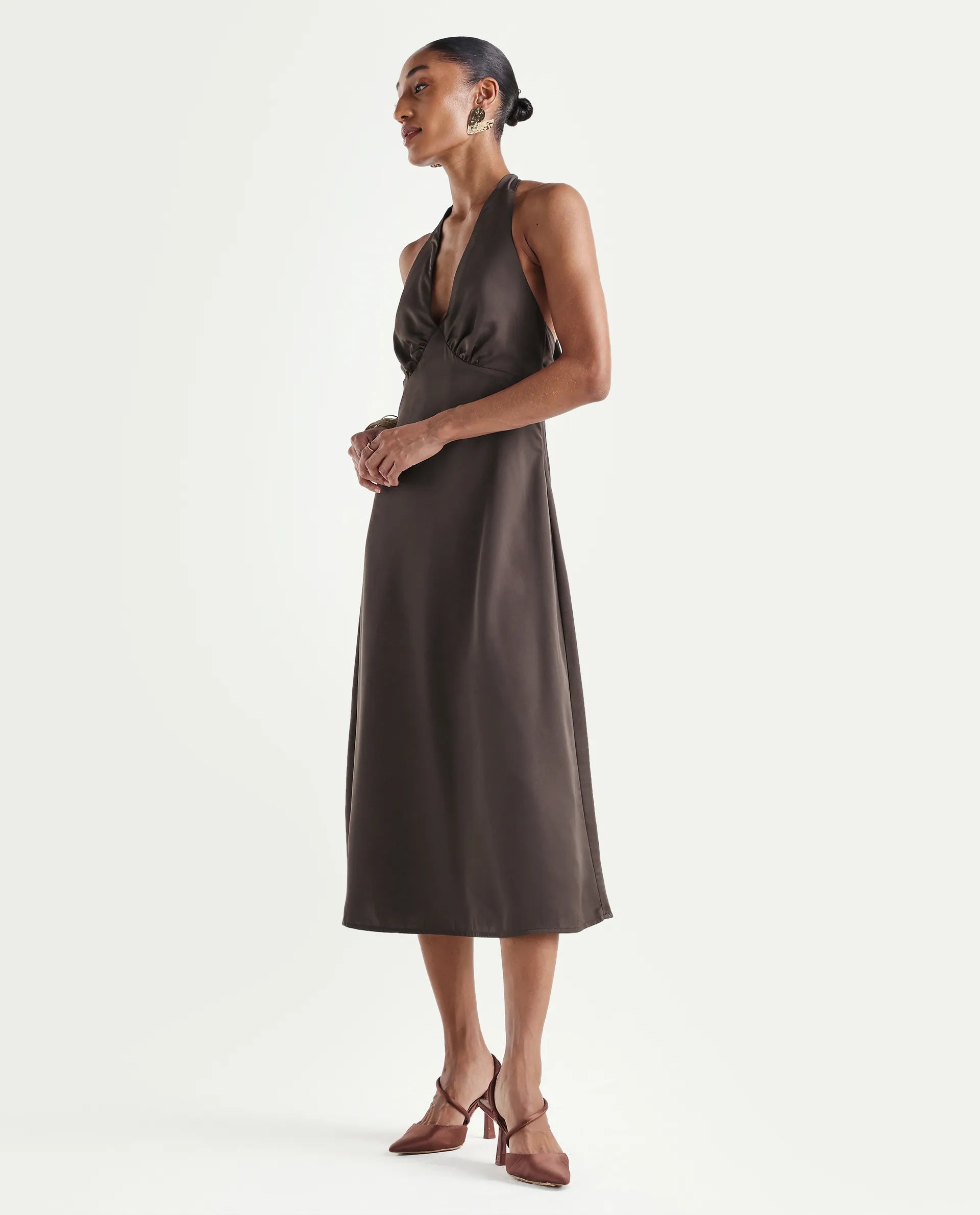 Rareism Women's Petin Brown Polyester V-Neck Elastic Fit And Flare Plain Sleeveless Dress