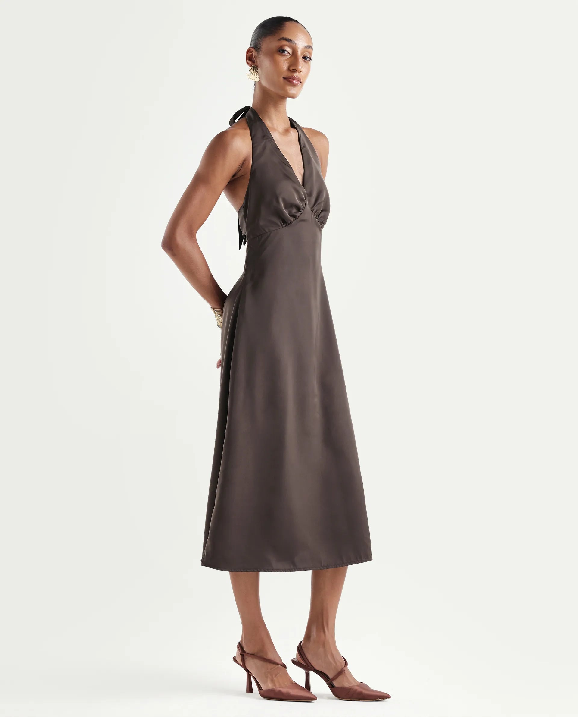 Rareism Women's Petin Brown Polyester V-Neck Elastic Fit And Flare Plain Sleeveless Dress
