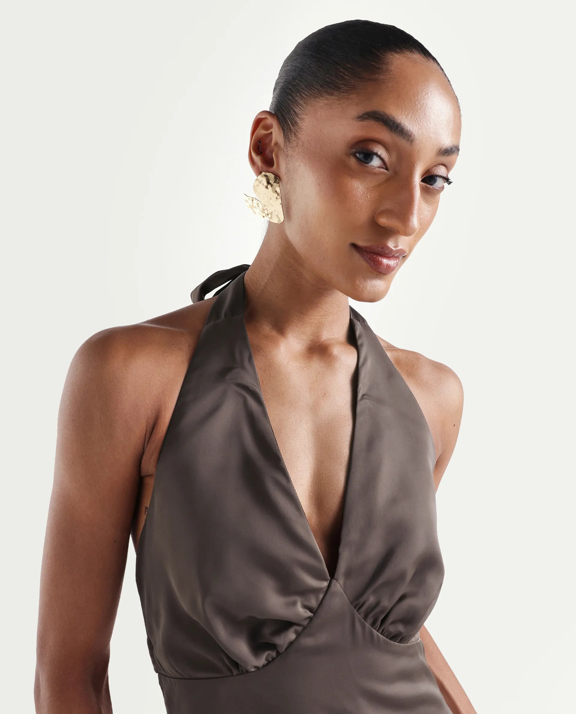 Rareism Women's Petin Brown Polyester V-Neck Elastic Fit And Flare Plain Sleeveless Dress