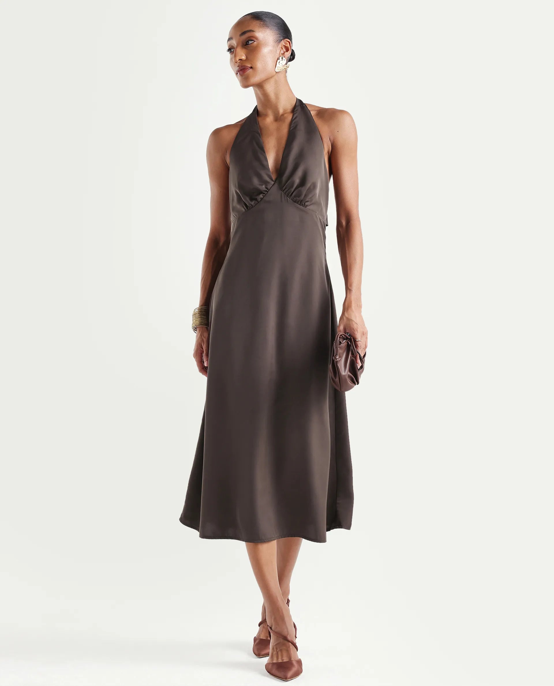 Rareism Women's Petin Brown Polyester V-Neck Elastic Fit And Flare Plain Sleeveless Dress