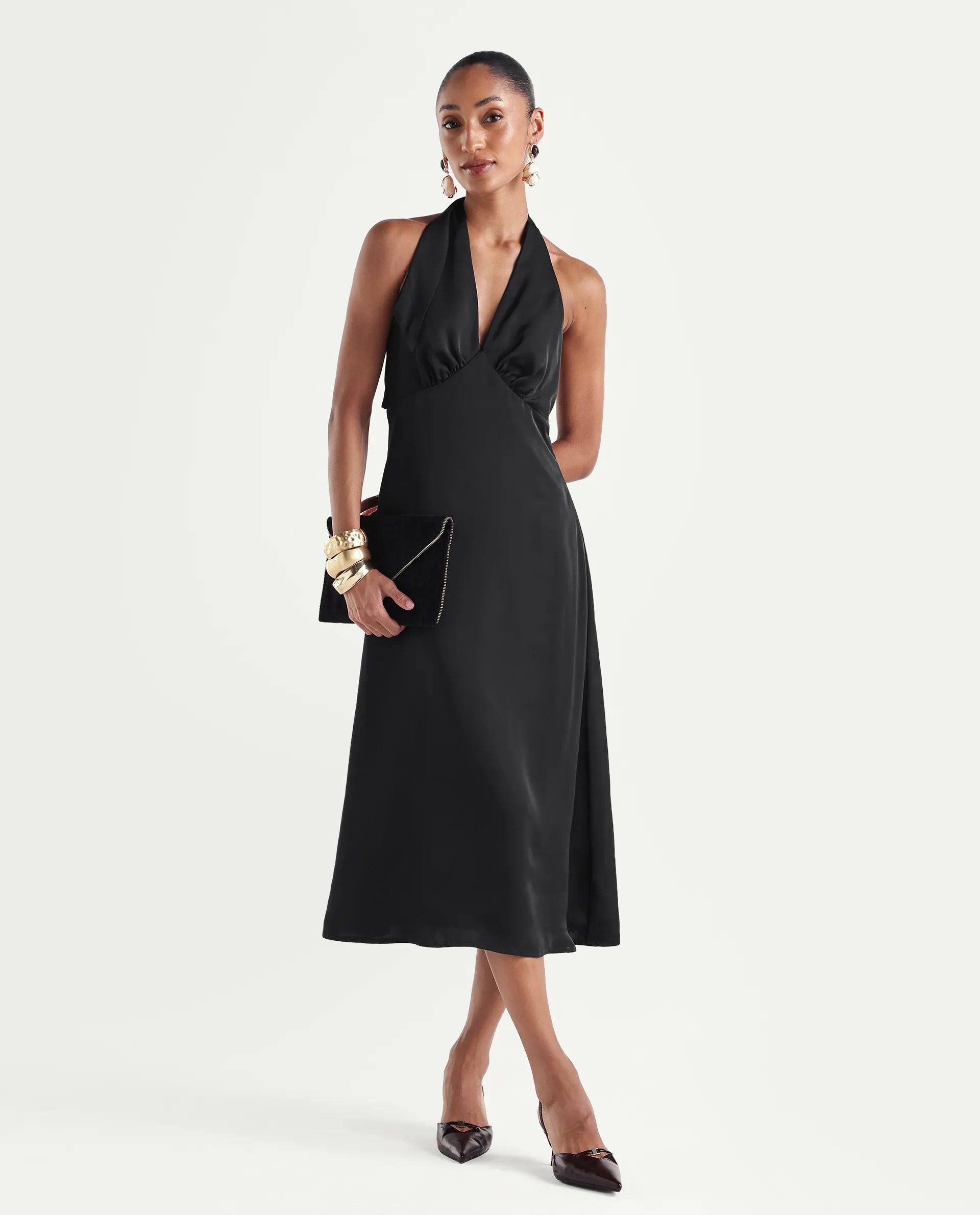 Rareism Women's Petin Black Polyester V-Neck Elastic Fit And Flare Plain Dress
