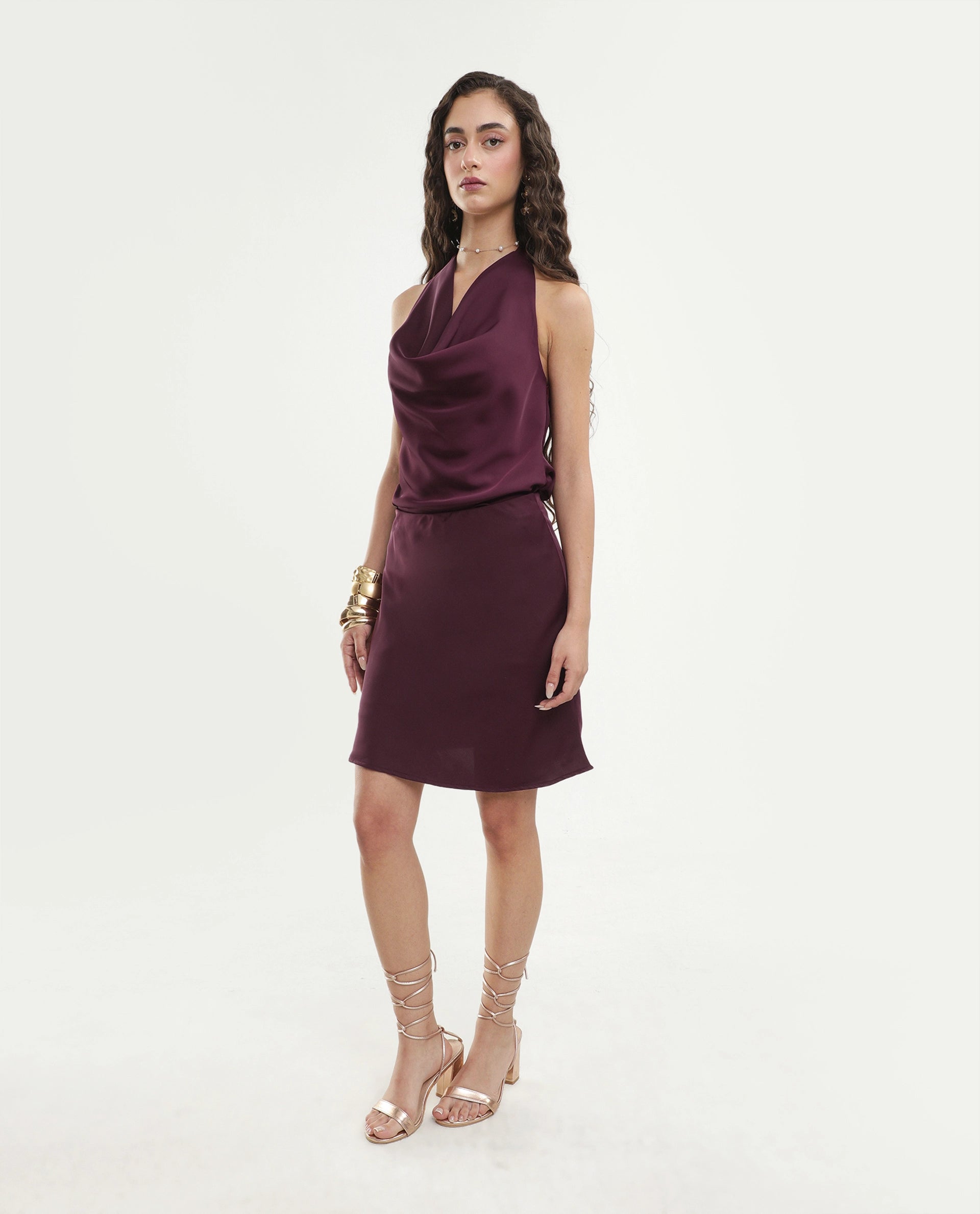 Rareism Women's Petir Dark Maroon Polyester Elastic Bodycon Plain Skirt