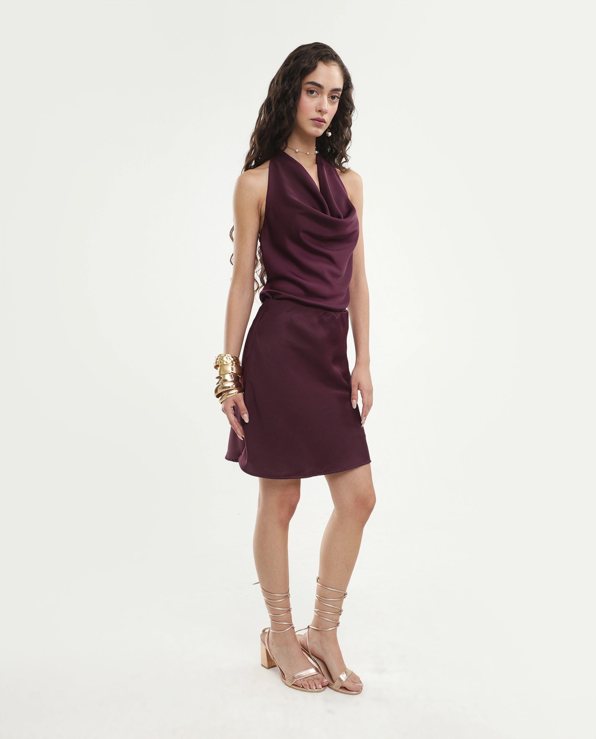 Rareism Women's Petir Dark Maroon Polyester Elastic Bodycon Plain Skirt