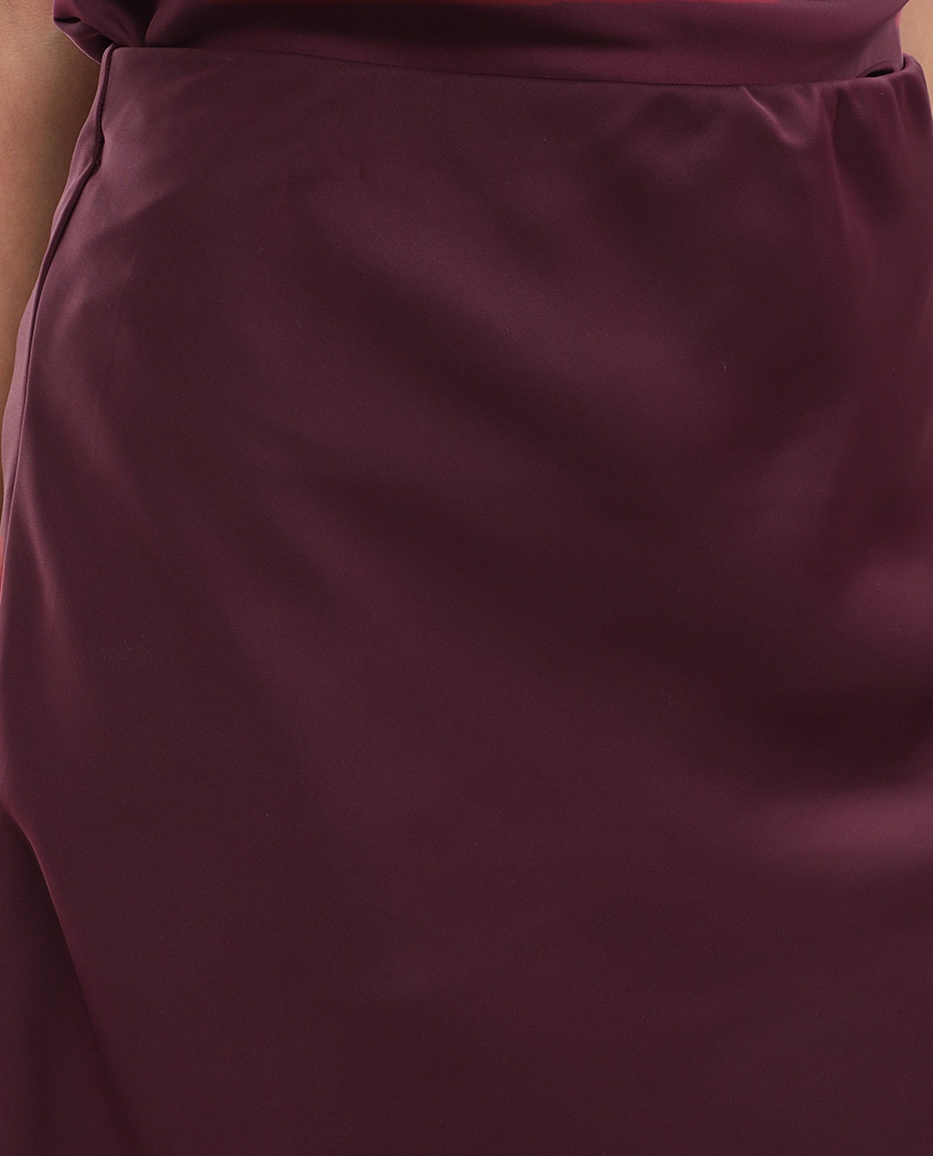 Rareism Women's Petir Dark Maroon Polyester Elastic Bodycon Plain Skirt
