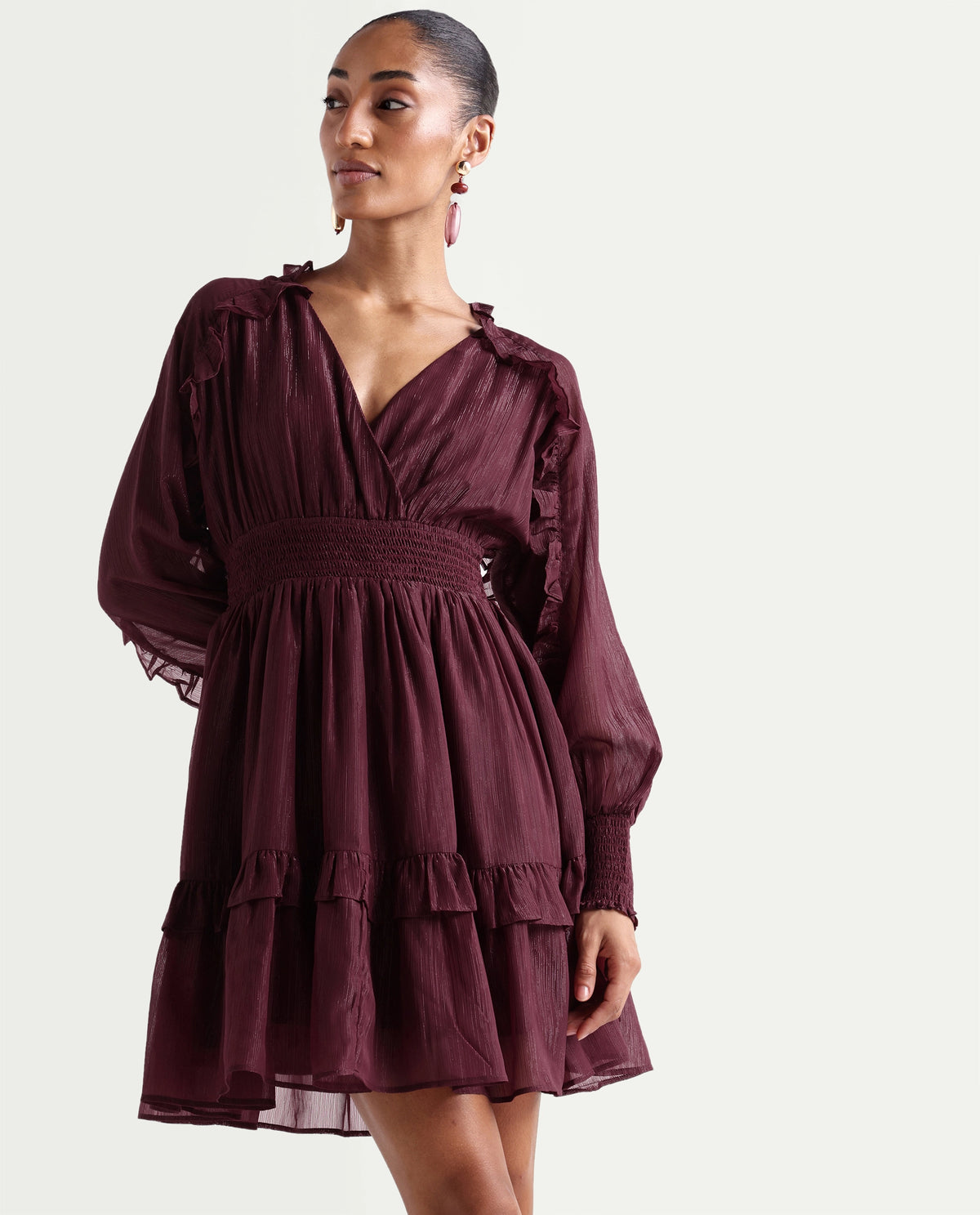 Rareism Women's Peto Maroon Polyester V-Neck Elastic Fit And Flare Plain Dress