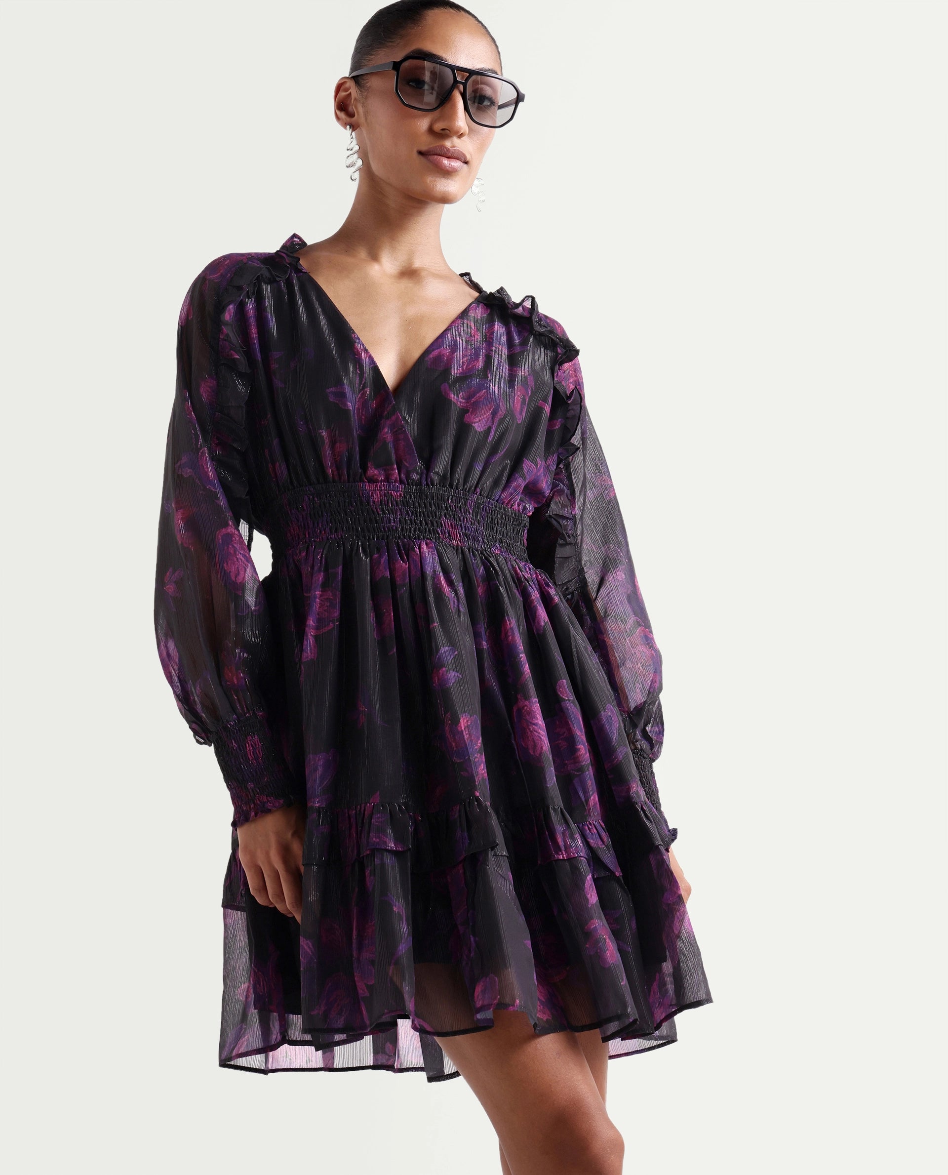 Rareism Women's Peton Black Polyester V-Neck Fit And Flare Floral Print Dress