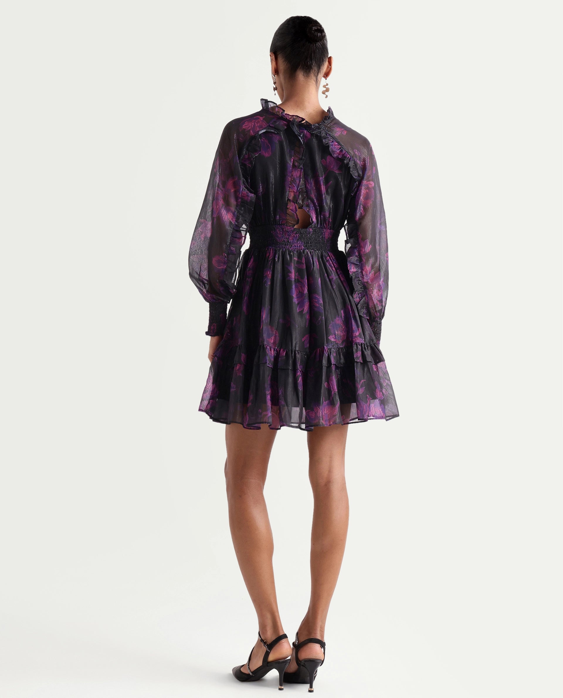 Rareism Women's Peton Black Polyester V-Neck Fit And Flare Floral Print Dress