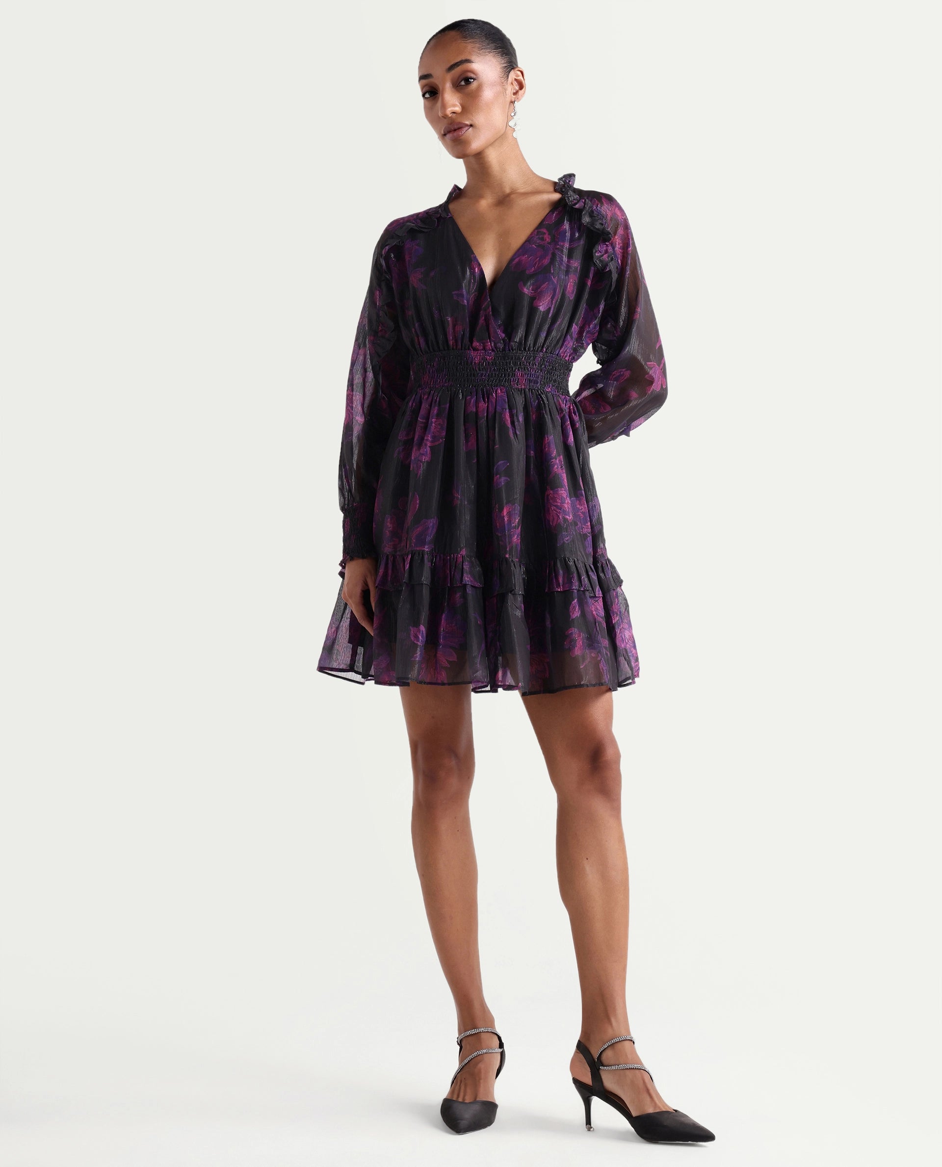 Rareism Women's Peton Black Polyester V-Neck Fit And Flare Floral Print Dress